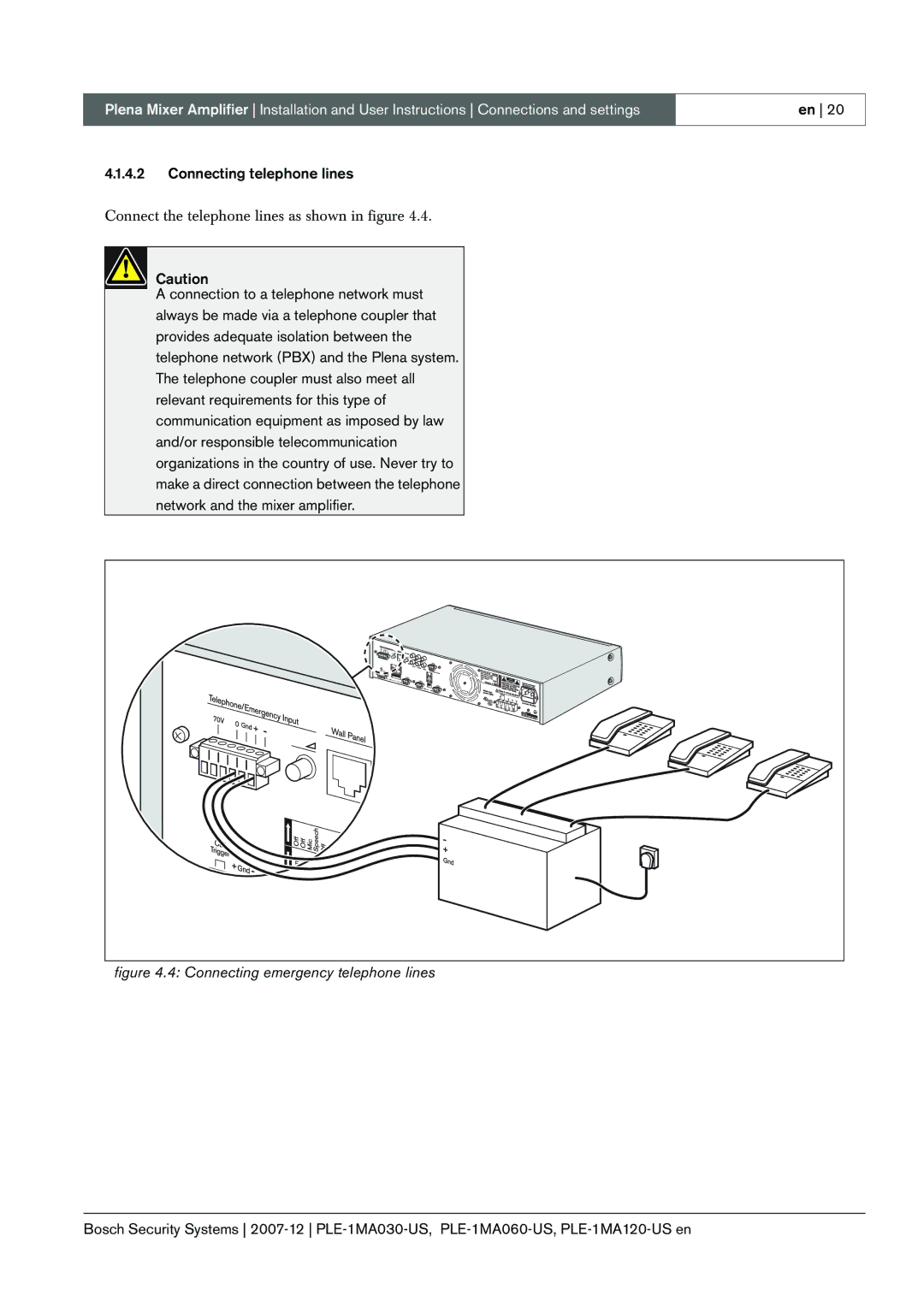 Bosch Appliances PLE-1MA060-US, PLE-1MA120-US, PLE 1MA030-US manual Connecting emergency telephone lines 