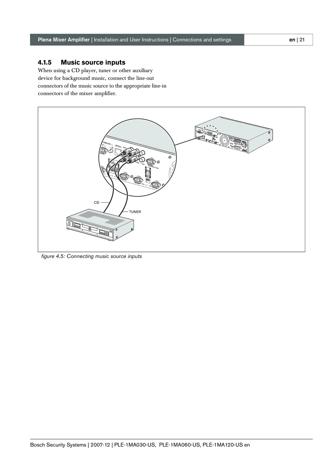 Bosch Appliances PLE-1MA120-US, PLE 1MA030-US, PLE-1MA060-US manual Music source inputs, Connecting music source inputs 