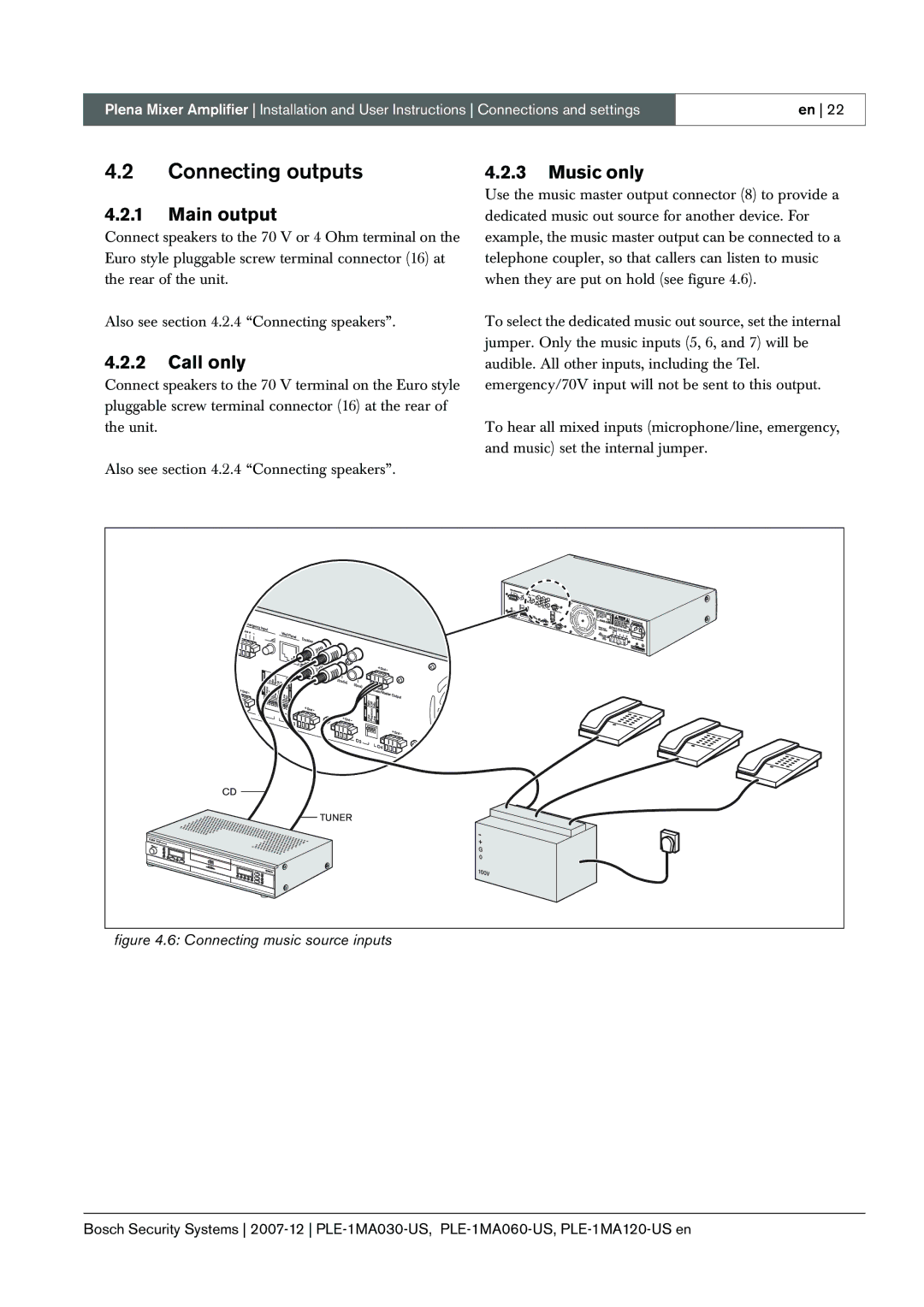 Bosch Appliances PLE 1MA030-US, PLE-1MA120-US, PLE-1MA060-US manual Connecting outputs, Main output, Call only, Music only 