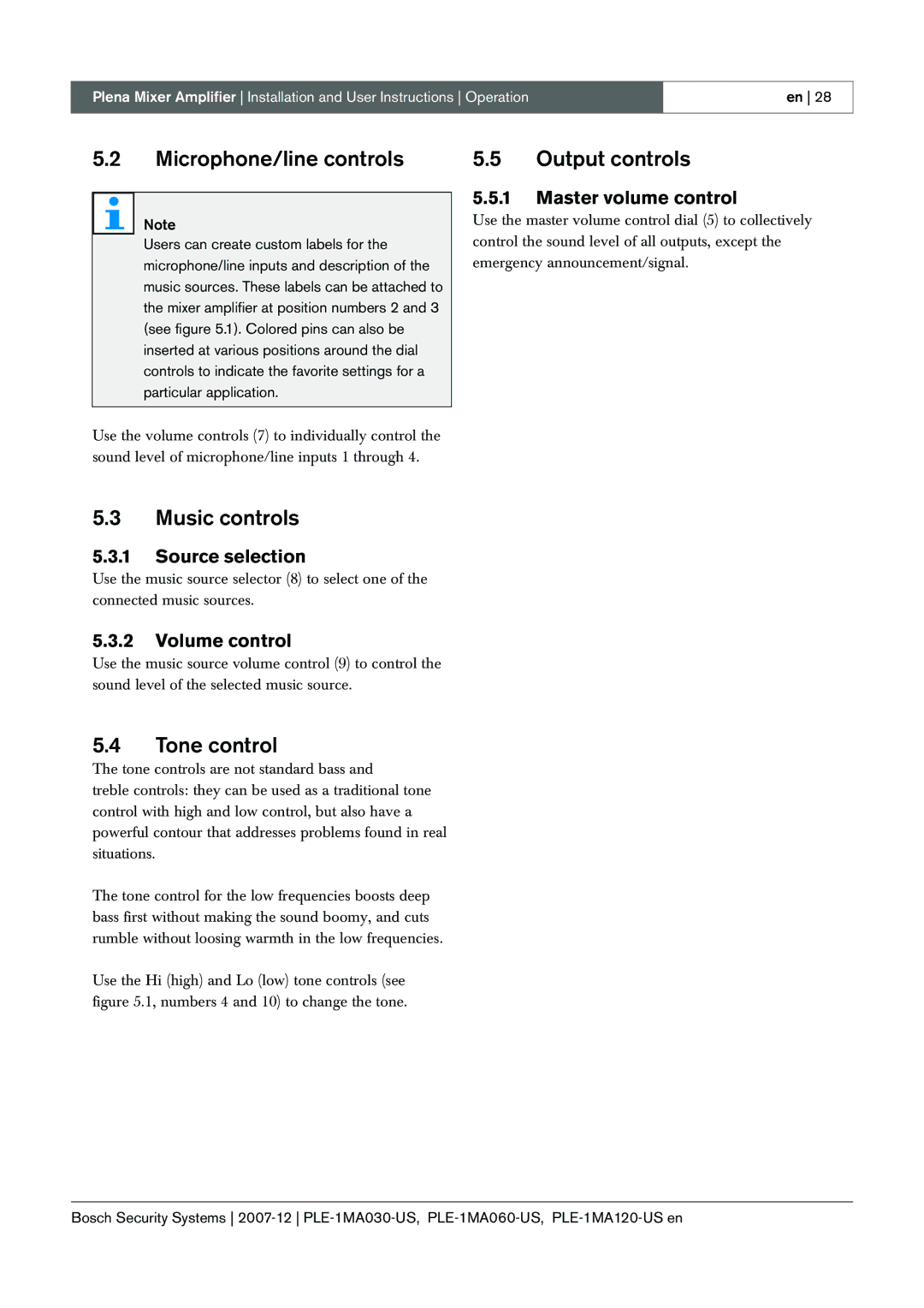 Bosch Appliances PLE 1MA030-US, PLE-1MA120-US manual Microphone/line controls, Music controls, Tone control, Output controls 
