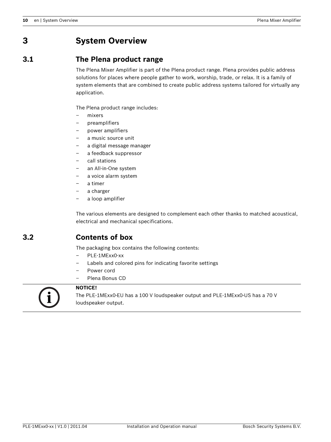 Bosch Appliances PLE-1MEXX0-XX operation manual System Overview, Plena product range, Contents of box 