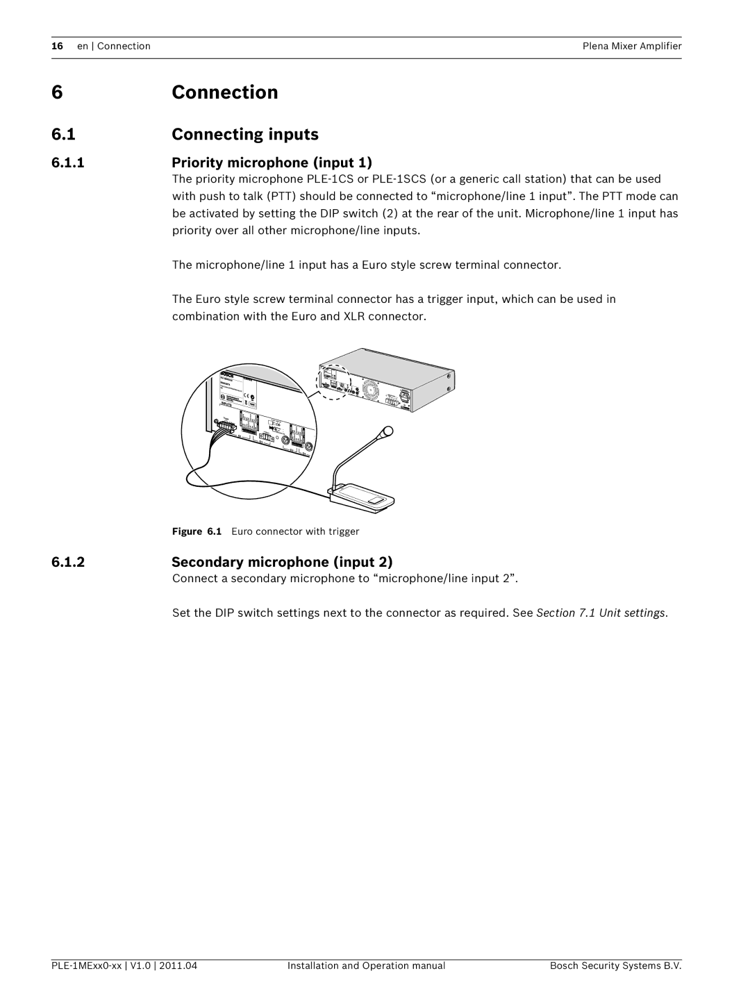 Bosch Appliances PLE-1MEXX0-XX Connection, Connecting inputs, Priority microphone input, Secondary microphone input 