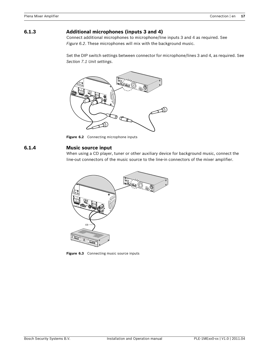 Bosch Appliances PLE-1MEXX0-XX operation manual 3Additional microphones inputs 3, Music source input 