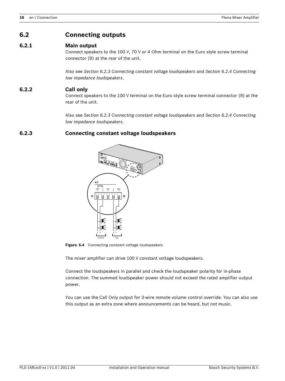 Bosch Appliances PLE-1MEXX0-XX Connecting outputs, Main output, Call only, Connecting constant voltage loudspeakers 