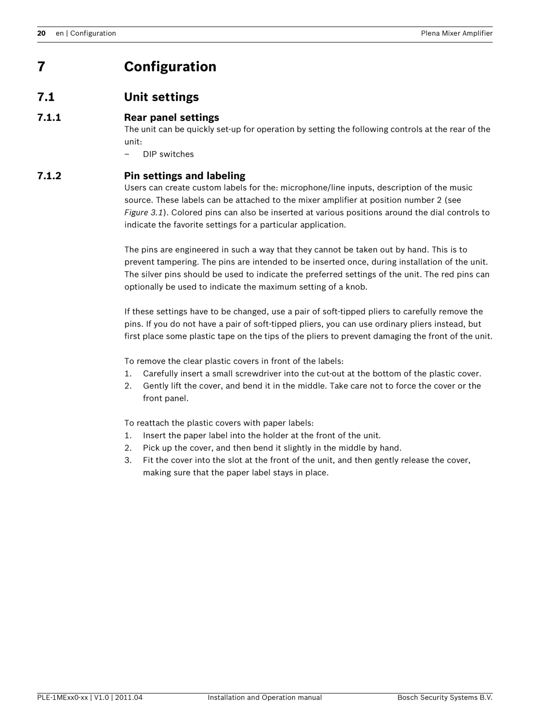 Bosch Appliances PLE-1MEXX0-XX Configuration, Unit settings, Rear panel settings, Pin settings and labeling 