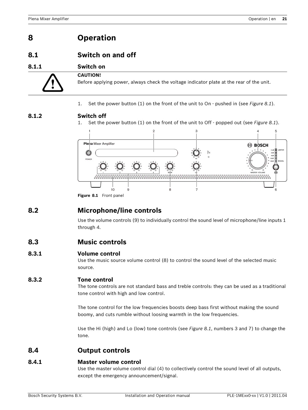 Bosch Appliances PLE-1MEXX0-XX Operation, Switch on and off, Microphone/line controls, Music controls, Output controls 