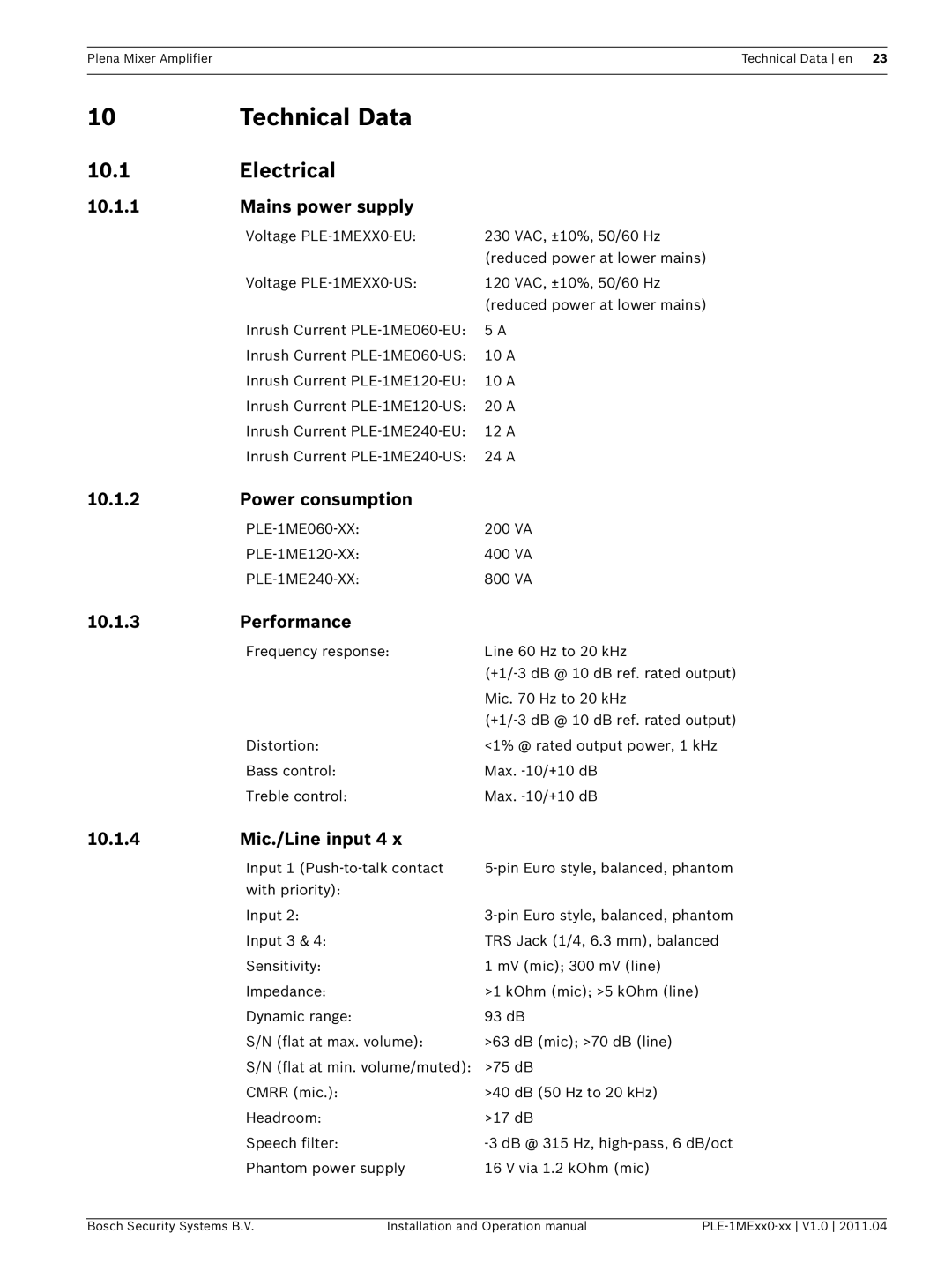 Bosch Appliances PLE-1MEXX0-XX operation manual Technical Data, Electrical 