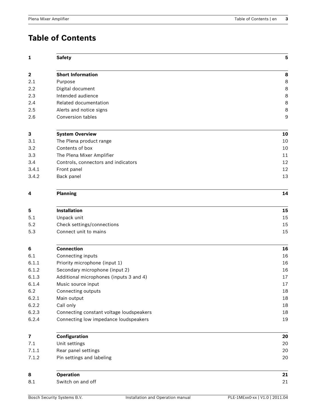 Bosch Appliances PLE-1MEXX0-XX operation manual Table of Contents 