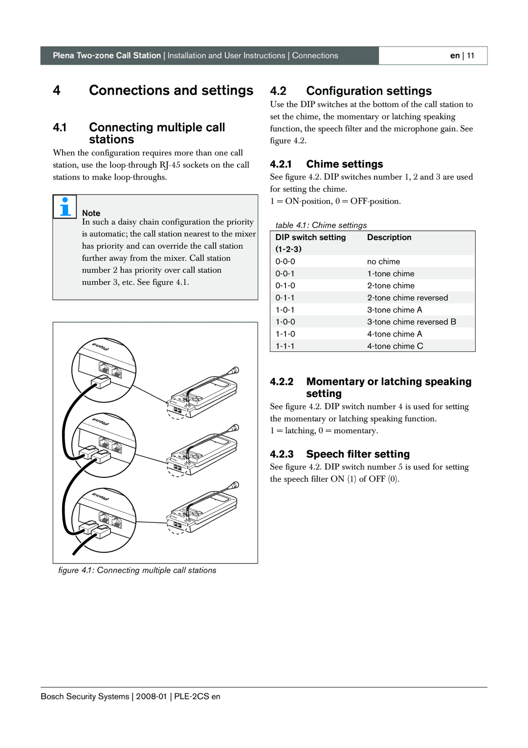 Bosch Appliances PLE-2CS manual Connections and settings, Connecting multiple call stations, Configuration settings 