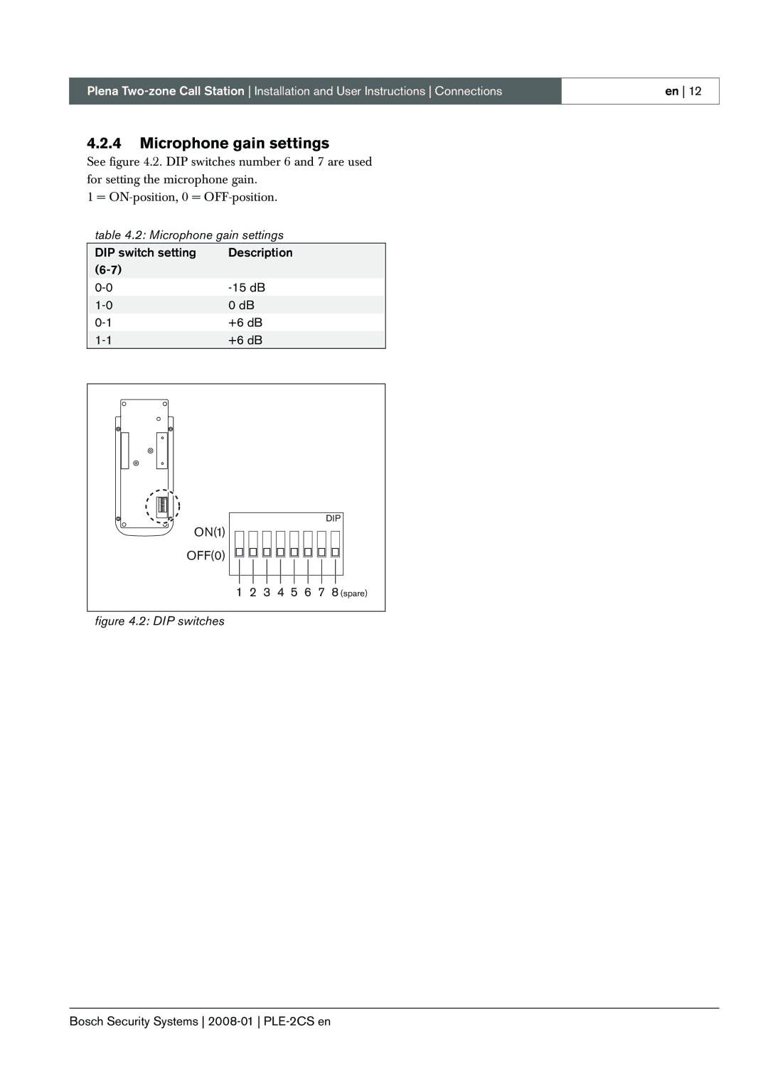 Bosch Appliances PLE-2CS manual Microphone gain settings 