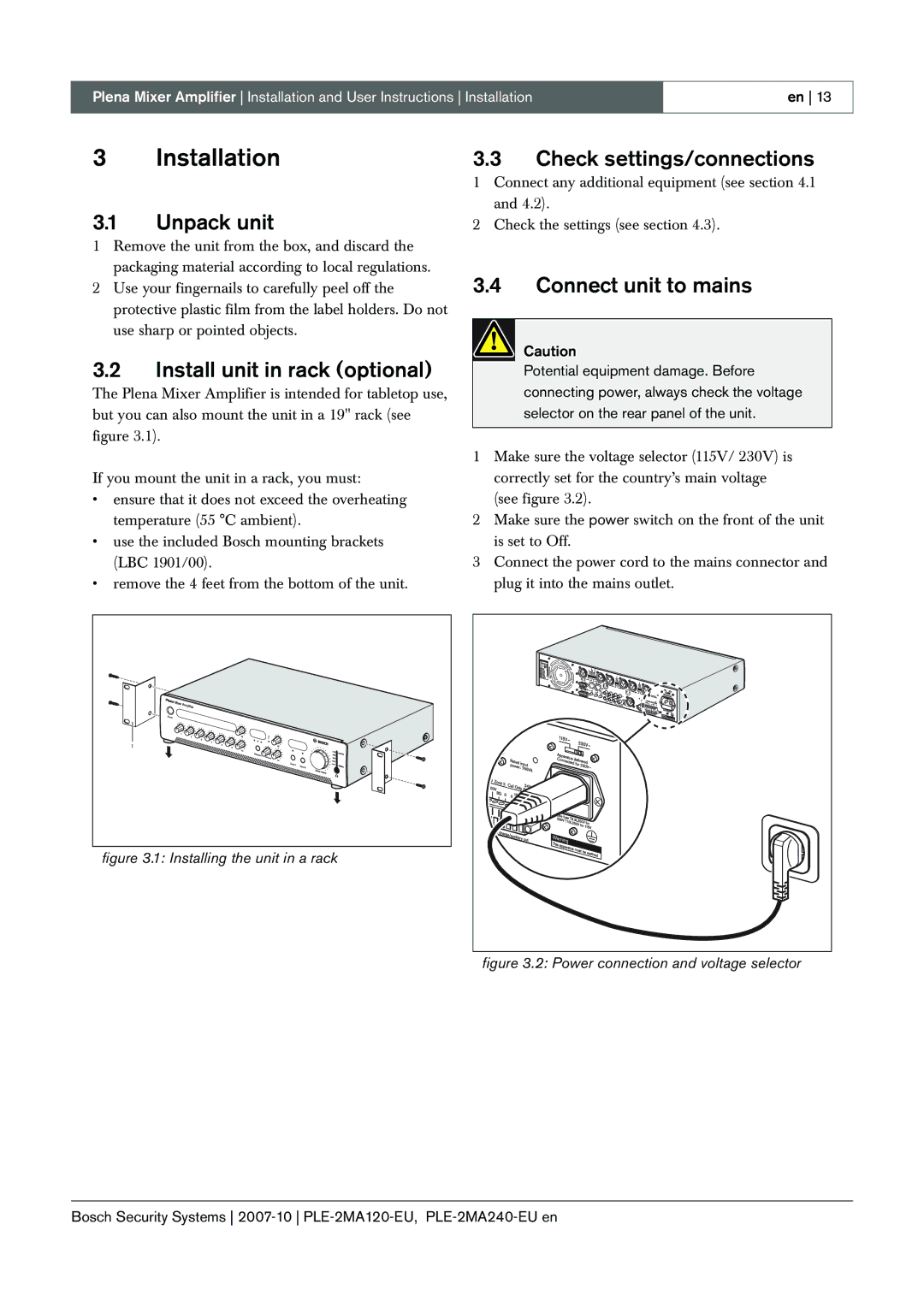 Bosch Appliances PLE-2MA120-EU manual Installation, Unpack unit, Install unit in rack optional, Check settings/connections 