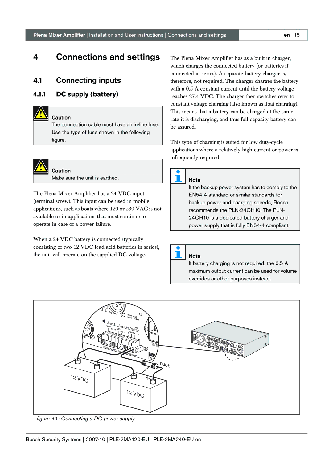 Bosch Appliances PLE-2MA120-EU manual Connections and settings, Connecting inputs, DC supply battery 