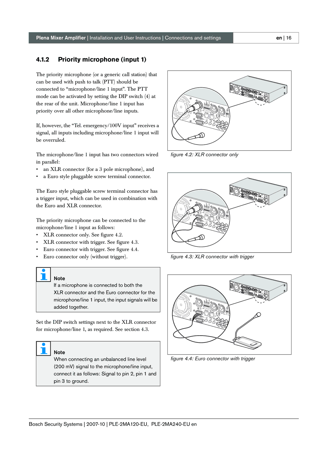 Bosch Appliances PLE-2MA120-EU manual Priority microphone input, XLR connector only 