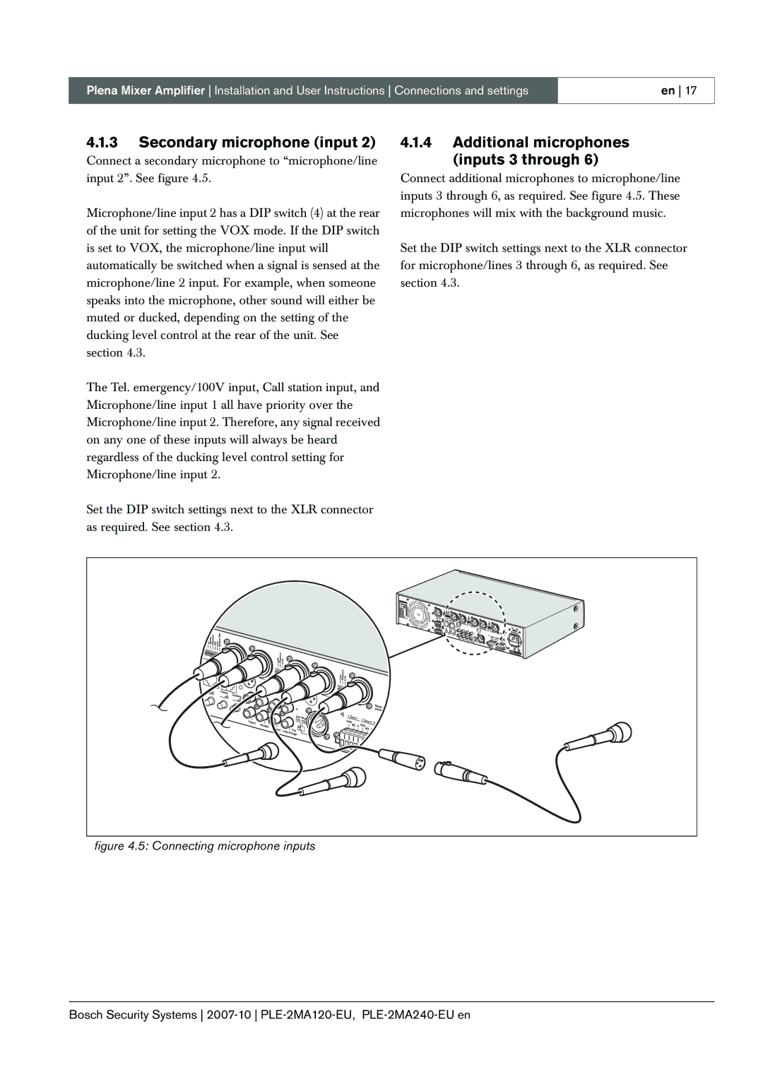 Bosch Appliances PLE-2MA120-EU manual Secondary microphone input, Additional microphones inputs 3 through 