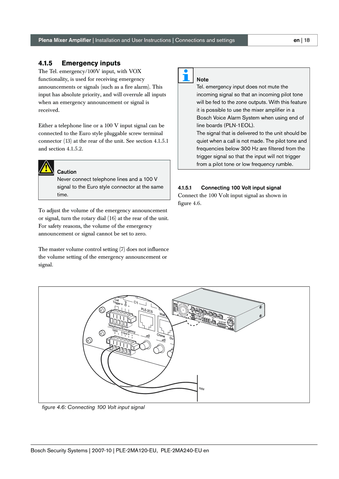 Bosch Appliances PLE-2MA120-EU manual Emergency inputs, Connecting 100 Volt input signal 