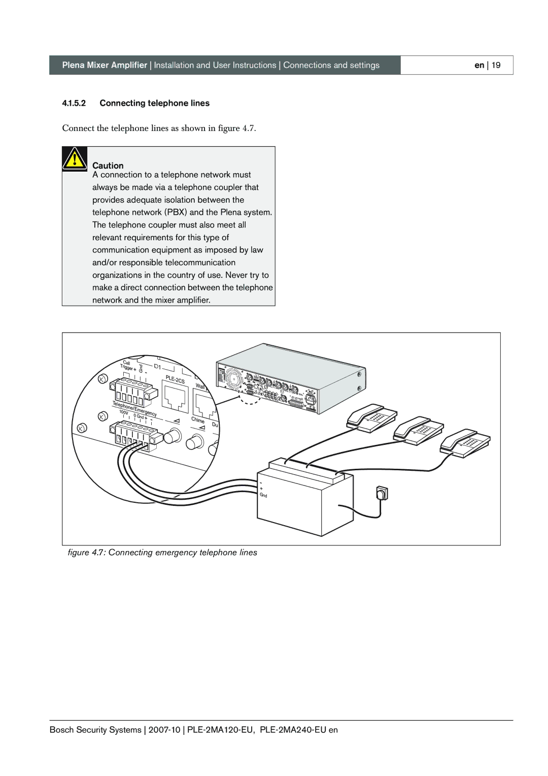 Bosch Appliances PLE-2MA120-EU manual Connecting emergency telephone lines 