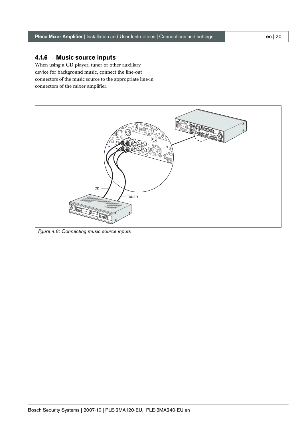 Bosch Appliances PLE-2MA120-EU manual Music source inputs, Connecting music source inputs 