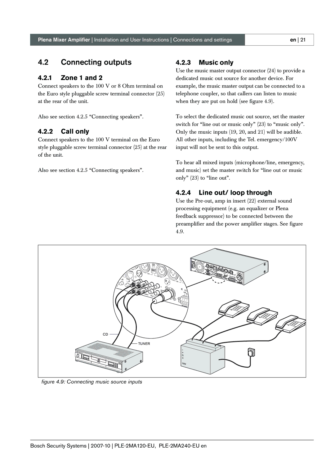 Bosch Appliances PLE-2MA120-EU manual Connecting outputs, Zone 1, Call only, Music only, Line out/ loop through 