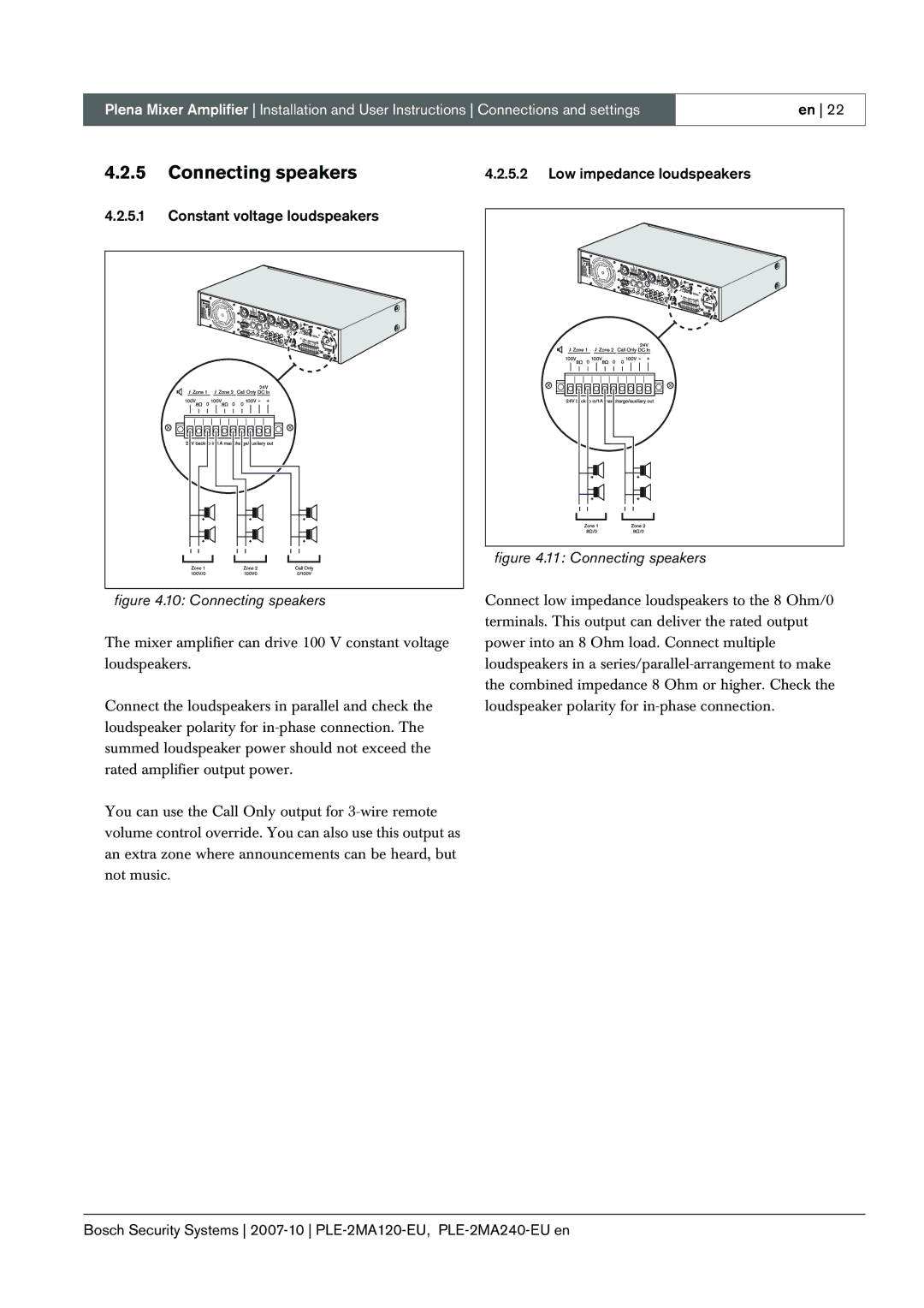 Bosch Appliances PLE-2MA120-EU manual Connecting speakers, Constant voltage loudspeakers 