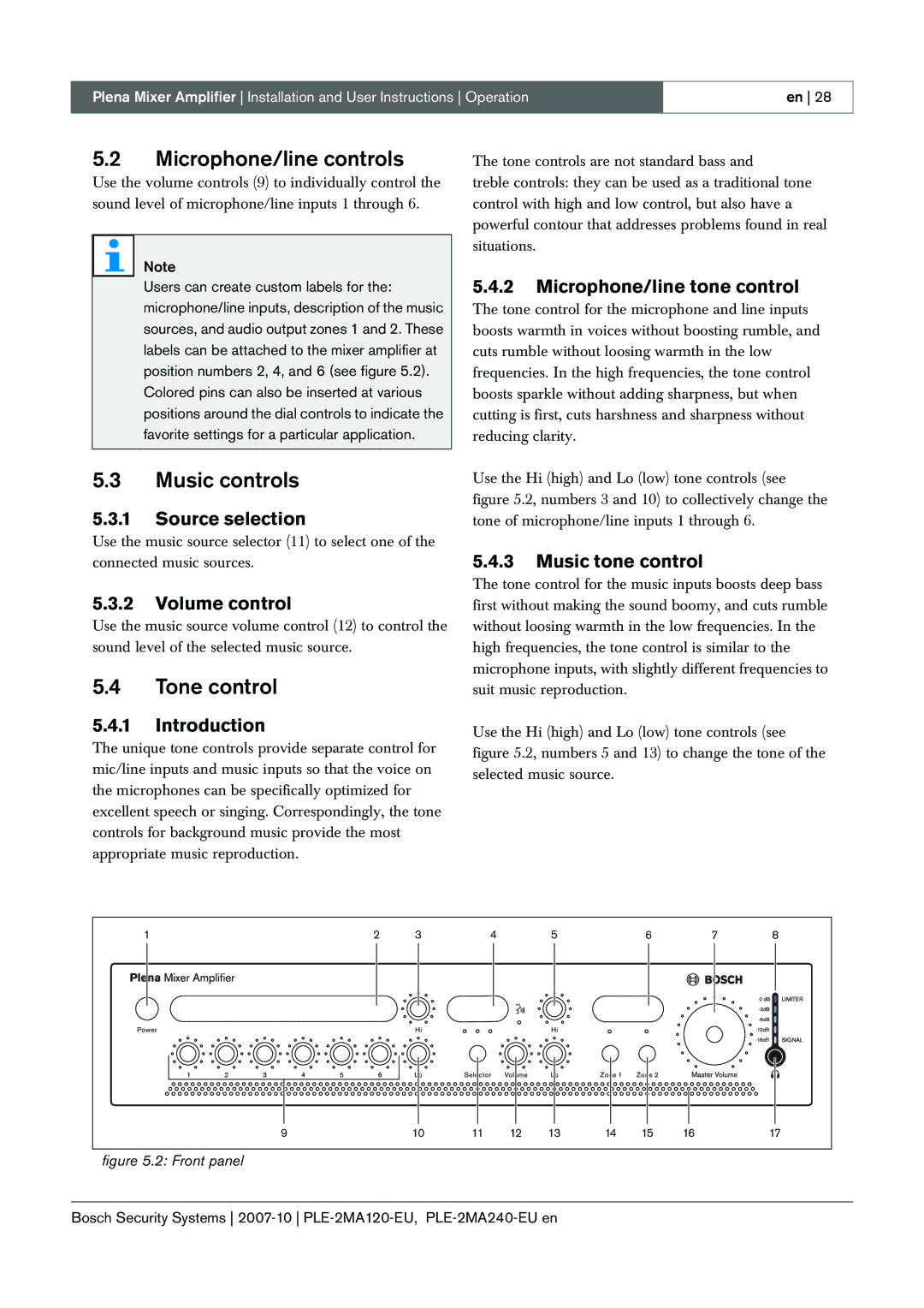 Bosch Appliances PLE-2MA120-EU manual Microphone/line controls, Music controls, Tone control 