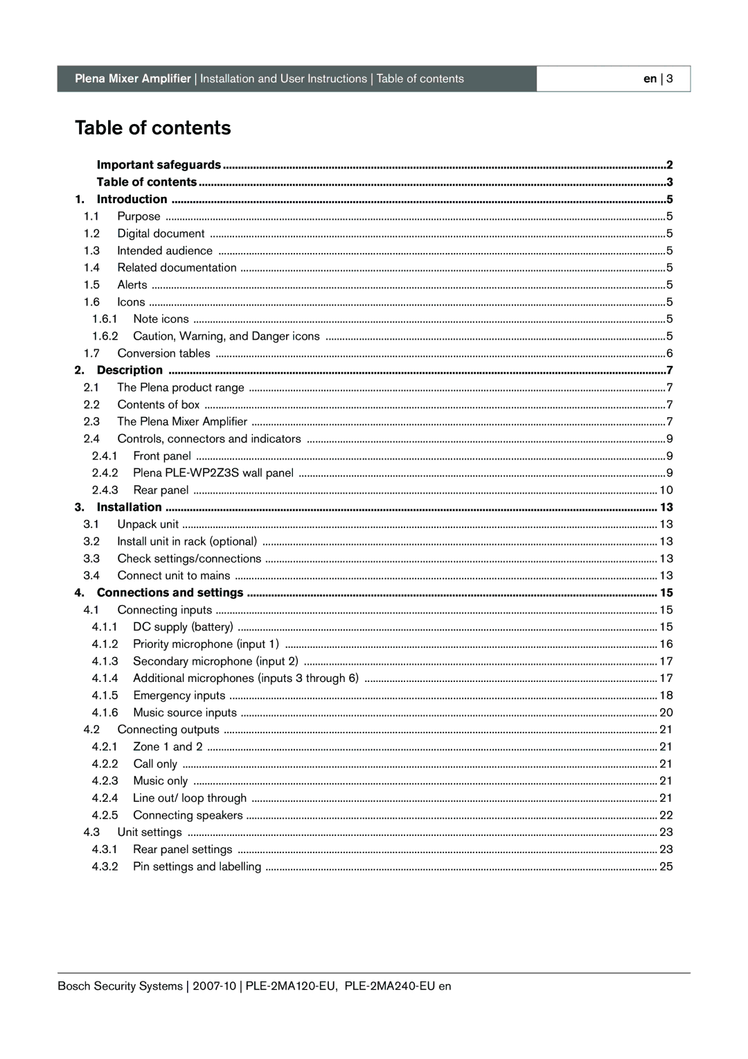 Bosch Appliances PLE-2MA120-EU manual Table of contents 