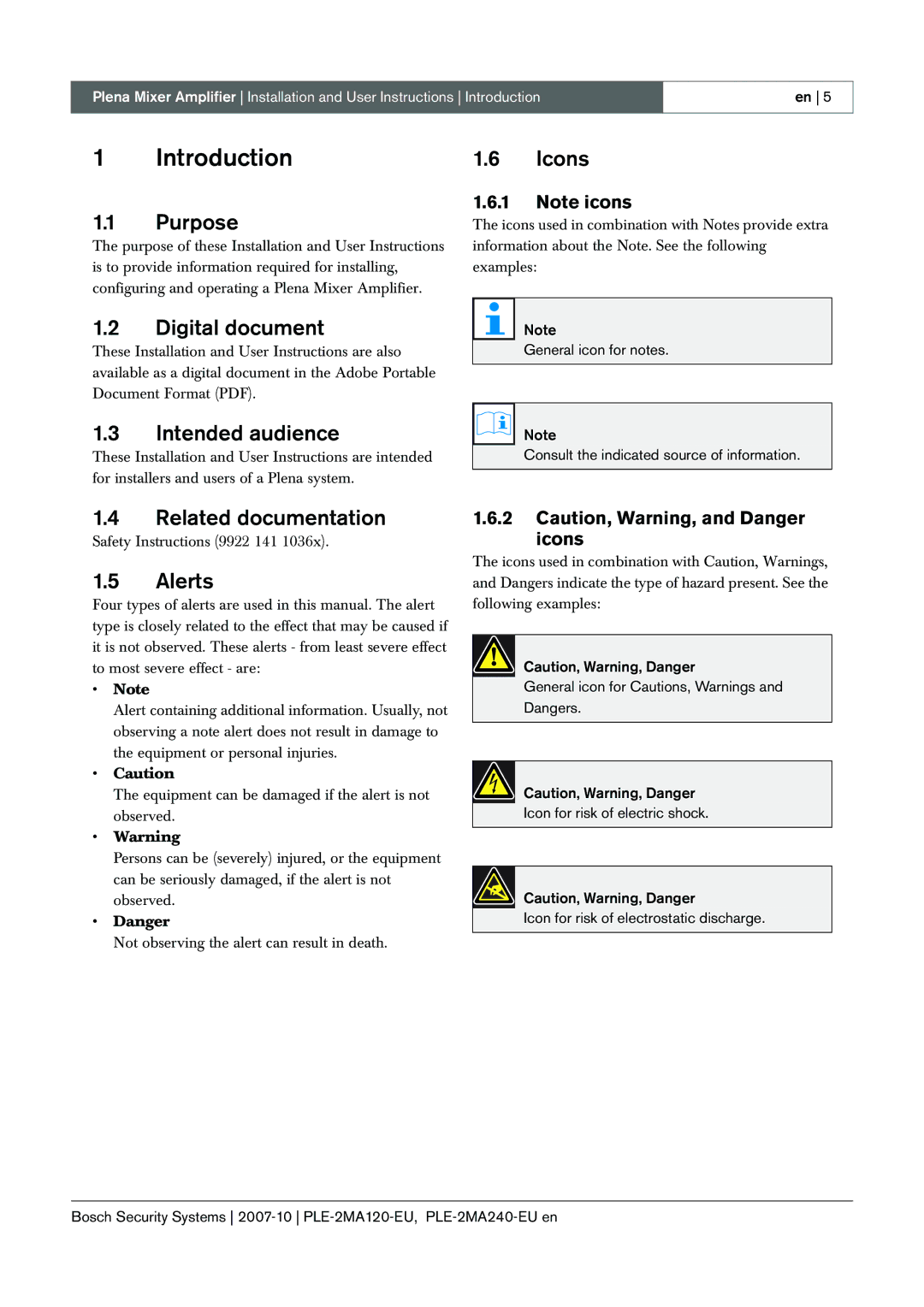 Bosch Appliances PLE-2MA120-EU Introduction, Purpose, Digital document Intended audience, Related documentation, Alerts 