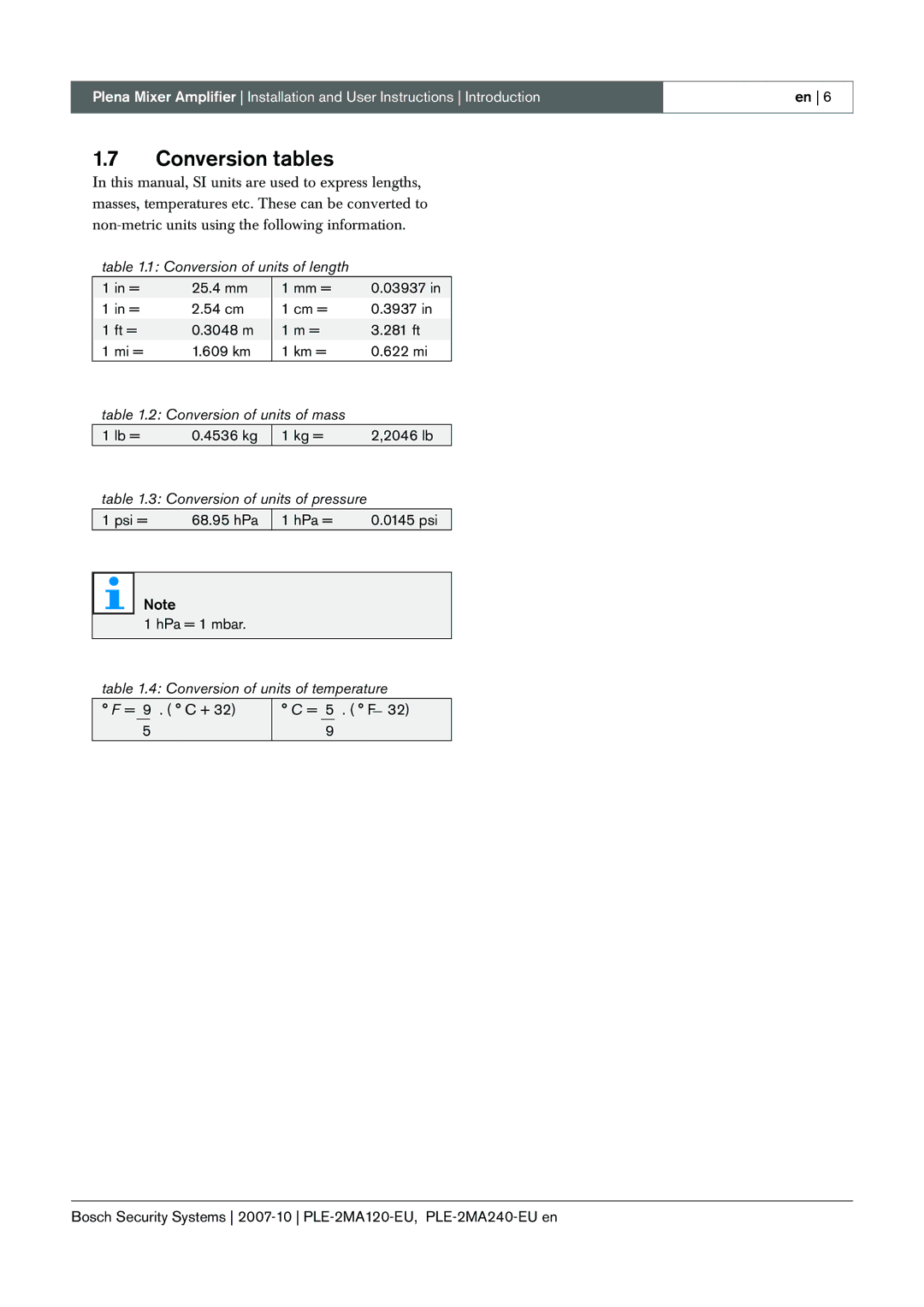 Bosch Appliances PLE-2MA120-EU manual Conversion tables, Conversion of units of mass 