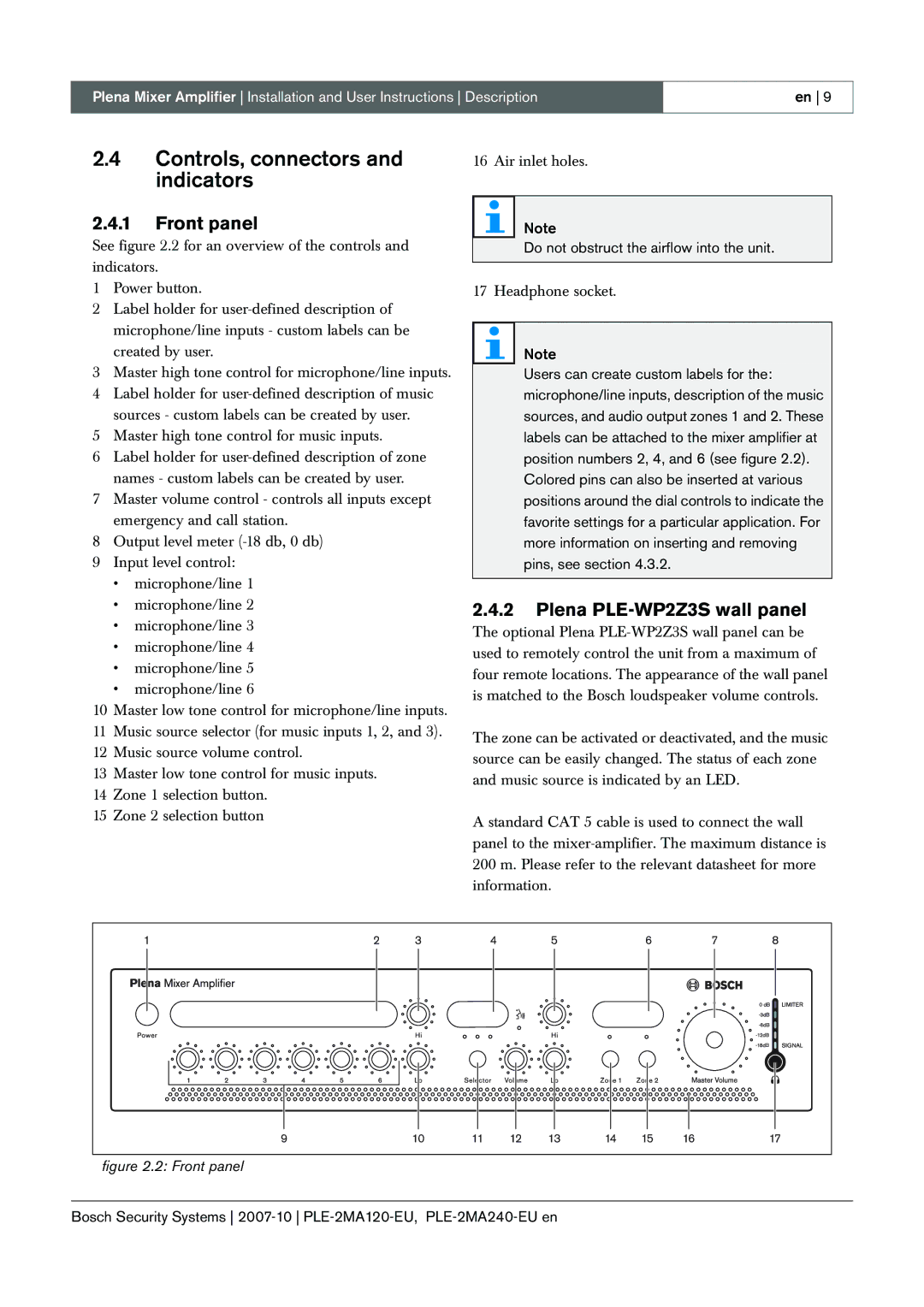 Bosch Appliances PLE-2MA120-EU manual Controls, connectors and indicators, Front panel, Plena PLE-WP2Z3S wall panel 