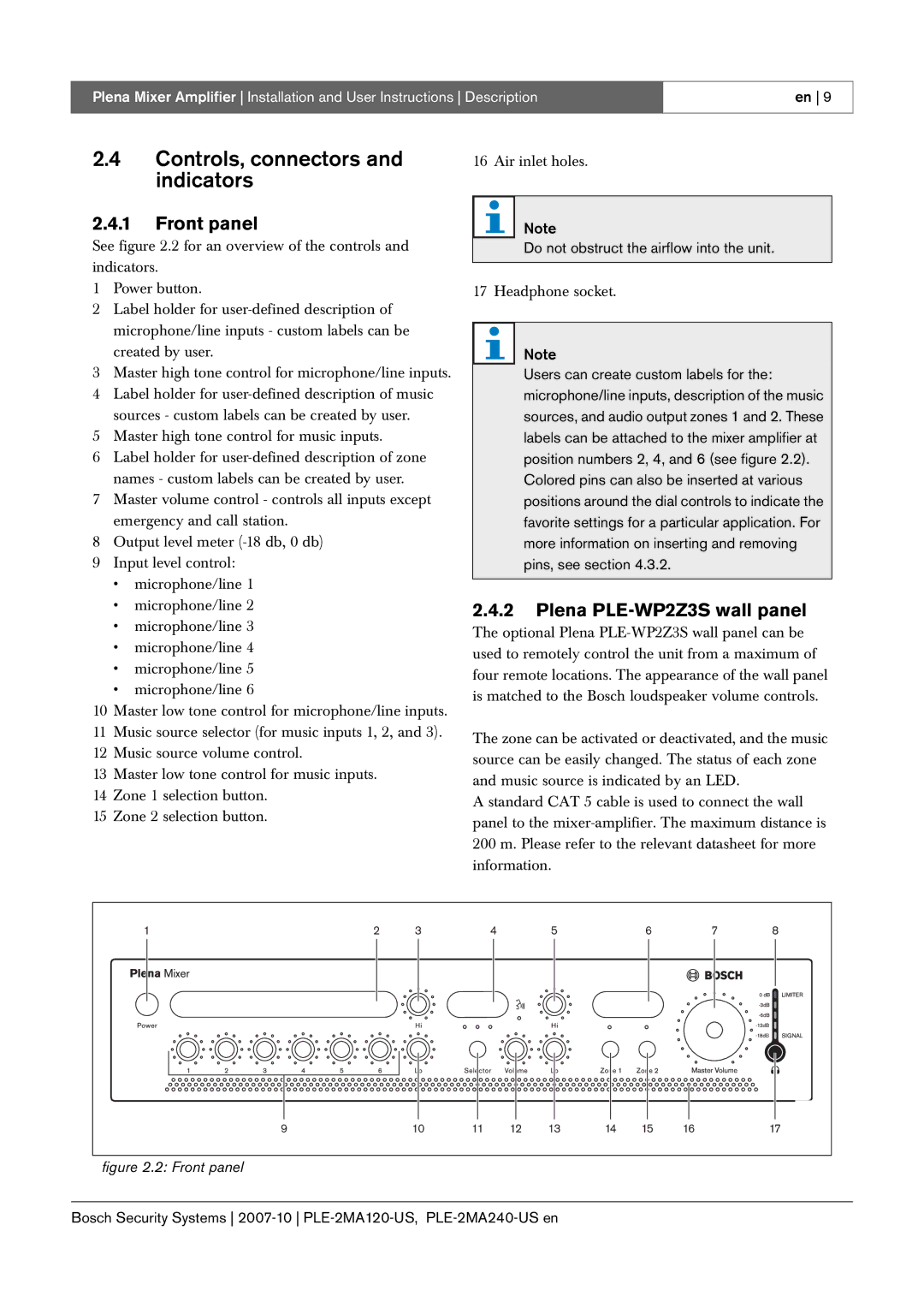 Bosch Appliances PLE-2MA120-US manual Controls, connectors and indicators, Front panel, Plena PLE-WP2Z3S wall panel 