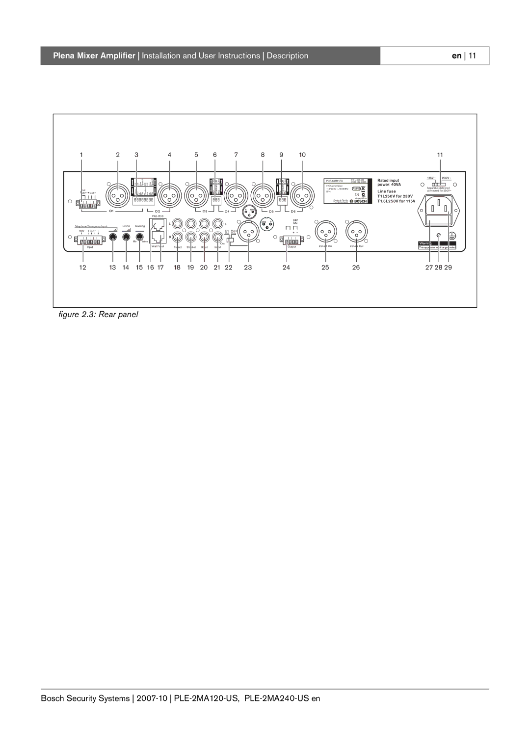 Bosch Appliances PLE-2MA120-US, PLE-2MA240-US manual Rear panel 