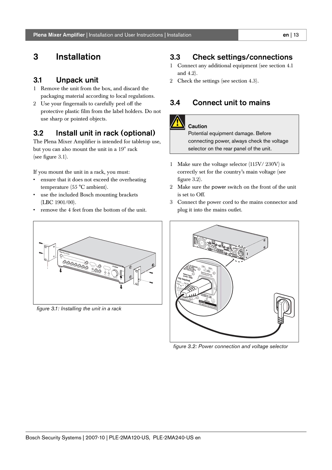 Bosch Appliances PLE-2MA120-US manual Installation, Unpack unit, Install unit in rack optional, Check settings/connections 