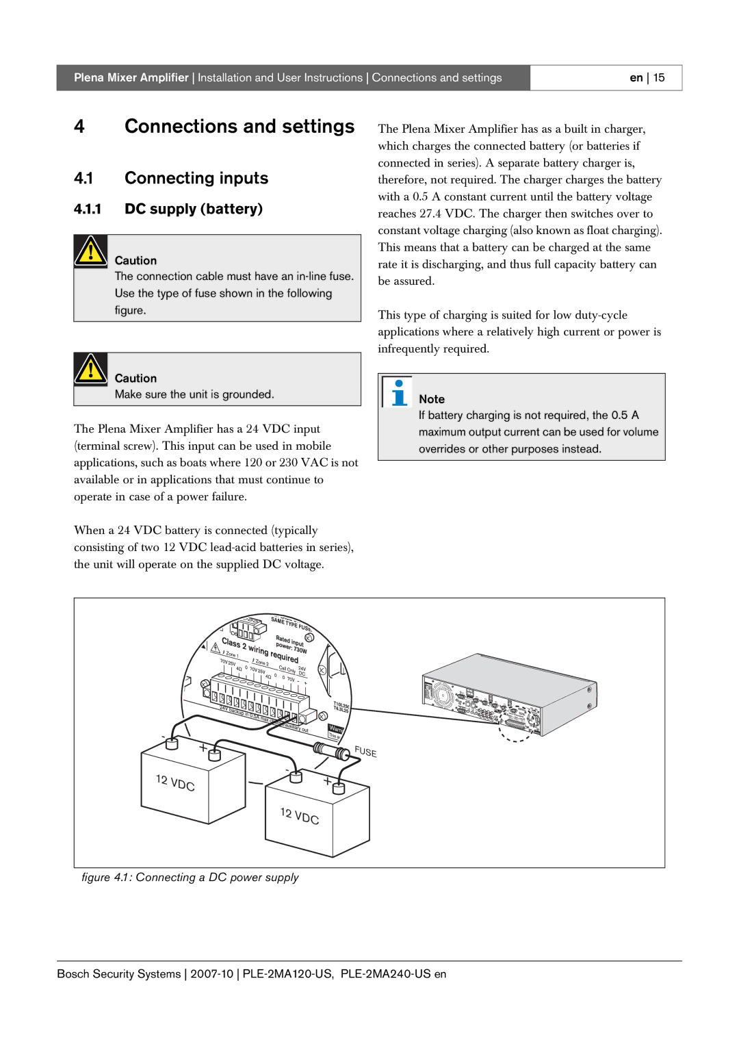 Bosch Appliances PLE-2MA120-US, PLE-2MA240-US manual Connections and settings, Connecting inputs, DC supply battery 