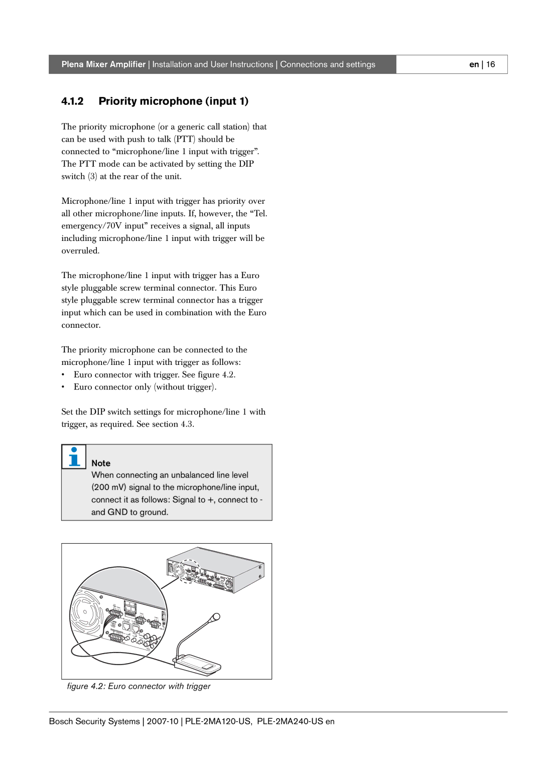 Bosch Appliances PLE-2MA240-US, PLE-2MA120-US manual Priority microphone input, Euro connector with trigger 