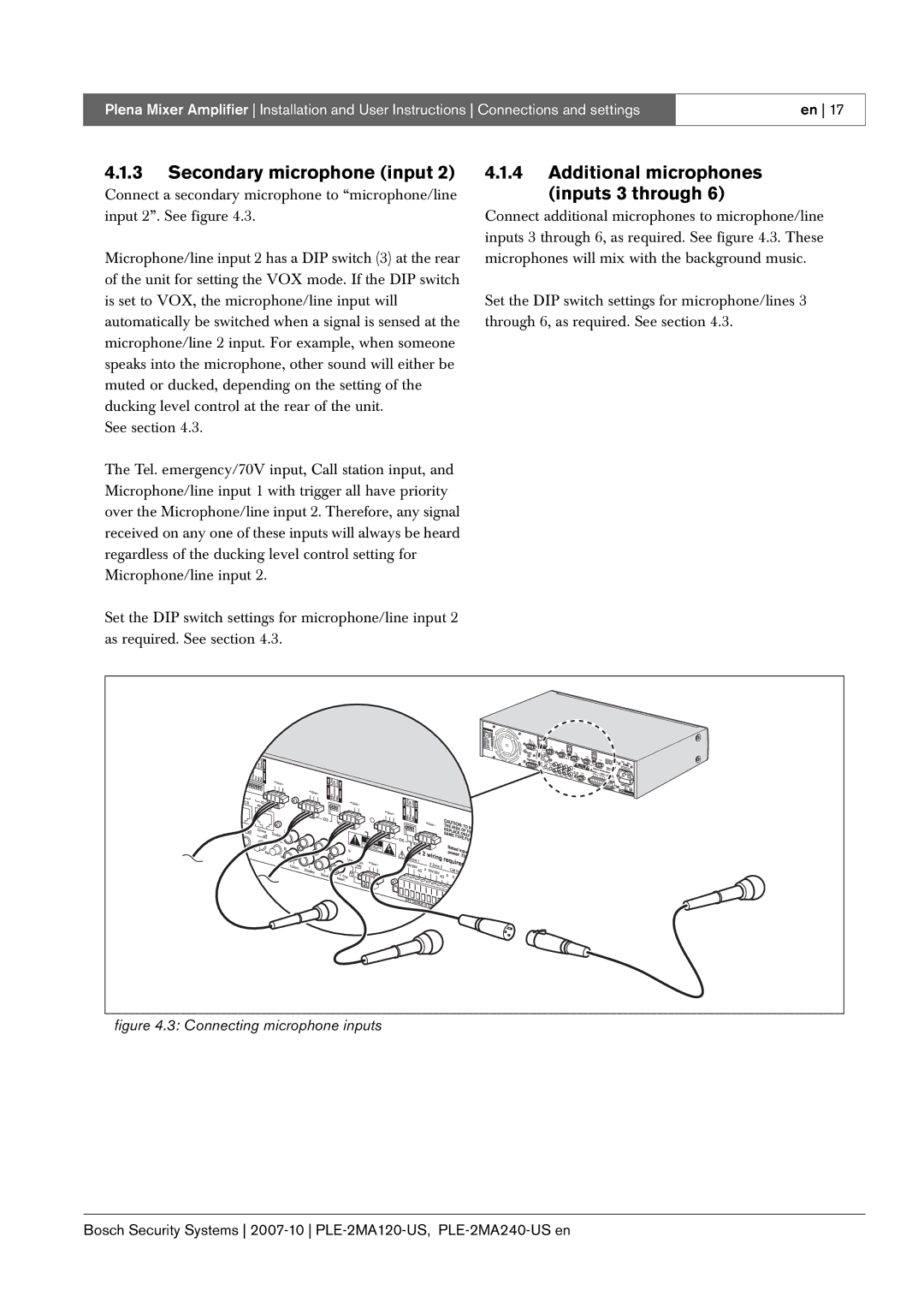 Bosch Appliances PLE-2MA120-US, PLE-2MA240-US manual Secondary microphone input, Additional microphones inputs 3 through 