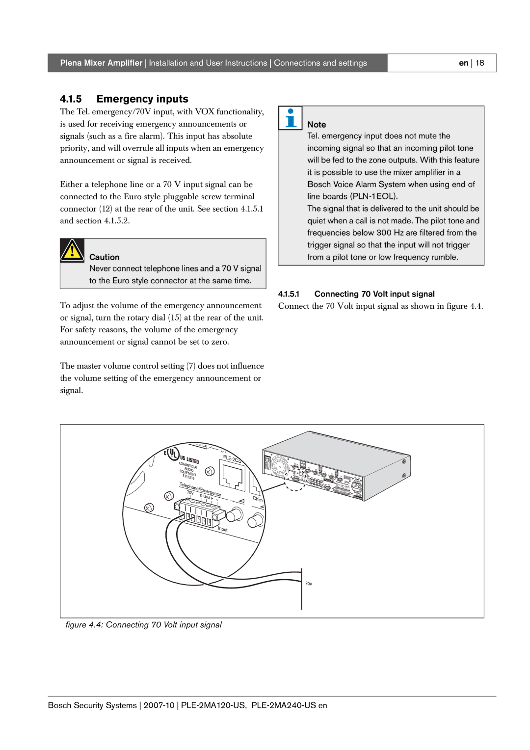 Bosch Appliances PLE-2MA240-US, PLE-2MA120-US manual Emergency inputs, Connecting 70 Volt input signal 