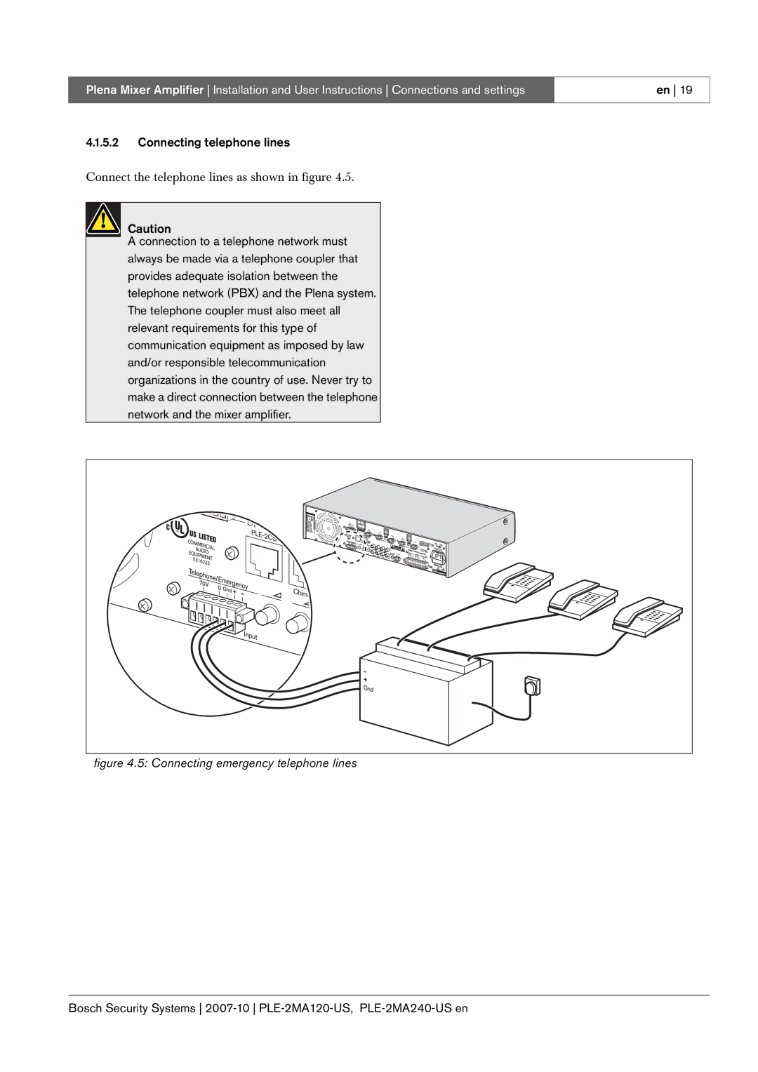 Bosch Appliances PLE-2MA120-US, PLE-2MA240-US manual Connecting emergency telephone lines 