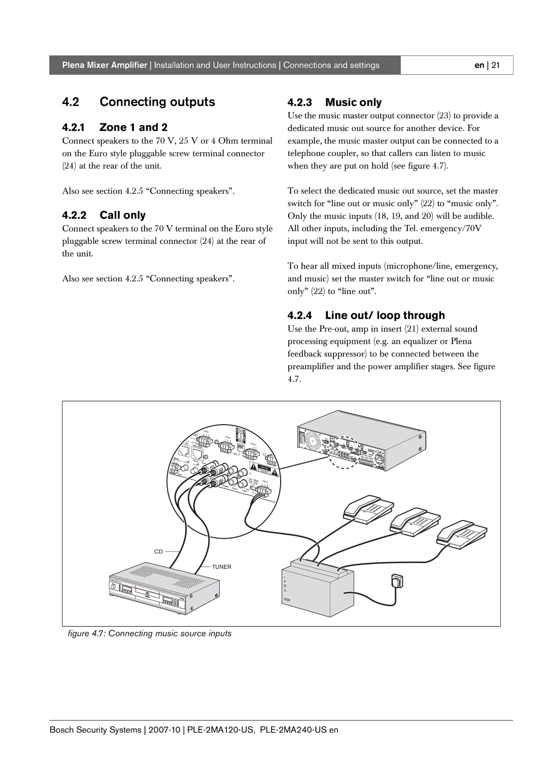 Bosch Appliances PLE-2MA120-US, PLE-2MA240-US Connecting outputs, Zone 1, Call only, Music only, Line out/ loop through 