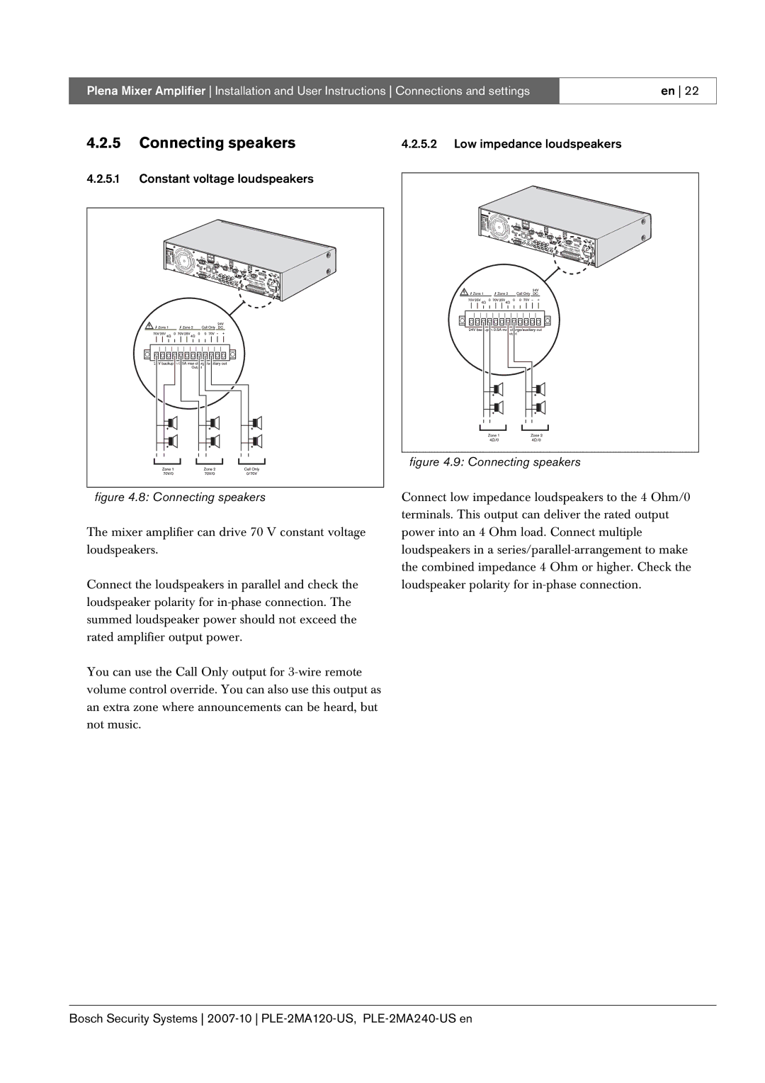 Bosch Appliances PLE-2MA240-US, PLE-2MA120-US manual Connecting speakers, Constant voltage loudspeakers 