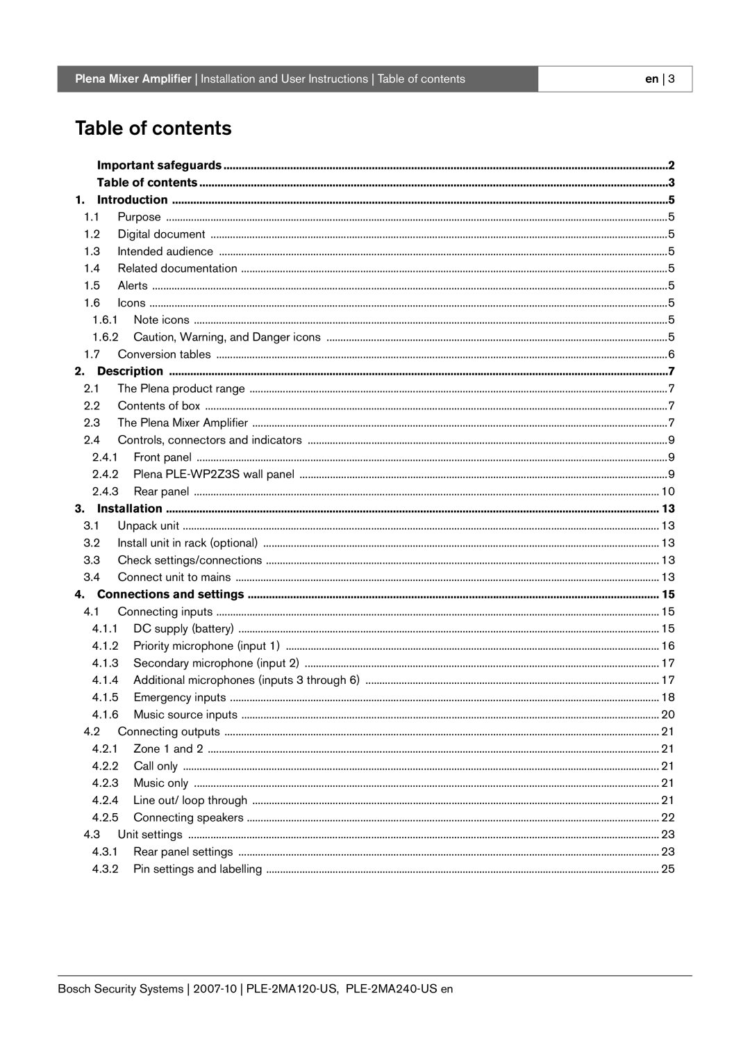 Bosch Appliances PLE-2MA120-US, PLE-2MA240-US manual Table of contents 