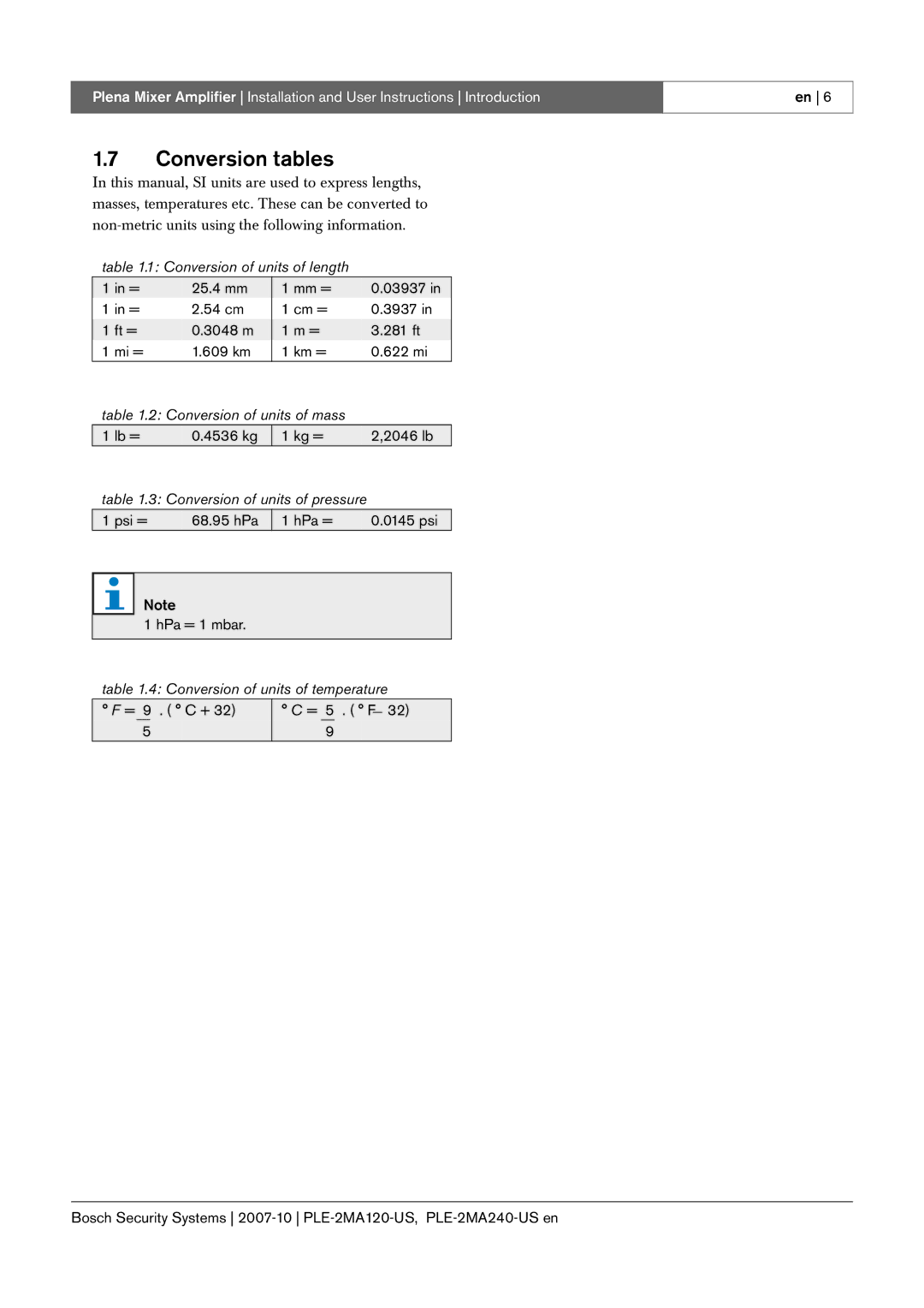 Bosch Appliances PLE-2MA240-US, PLE-2MA120-US manual Conversion tables, Conversion of units of mass 