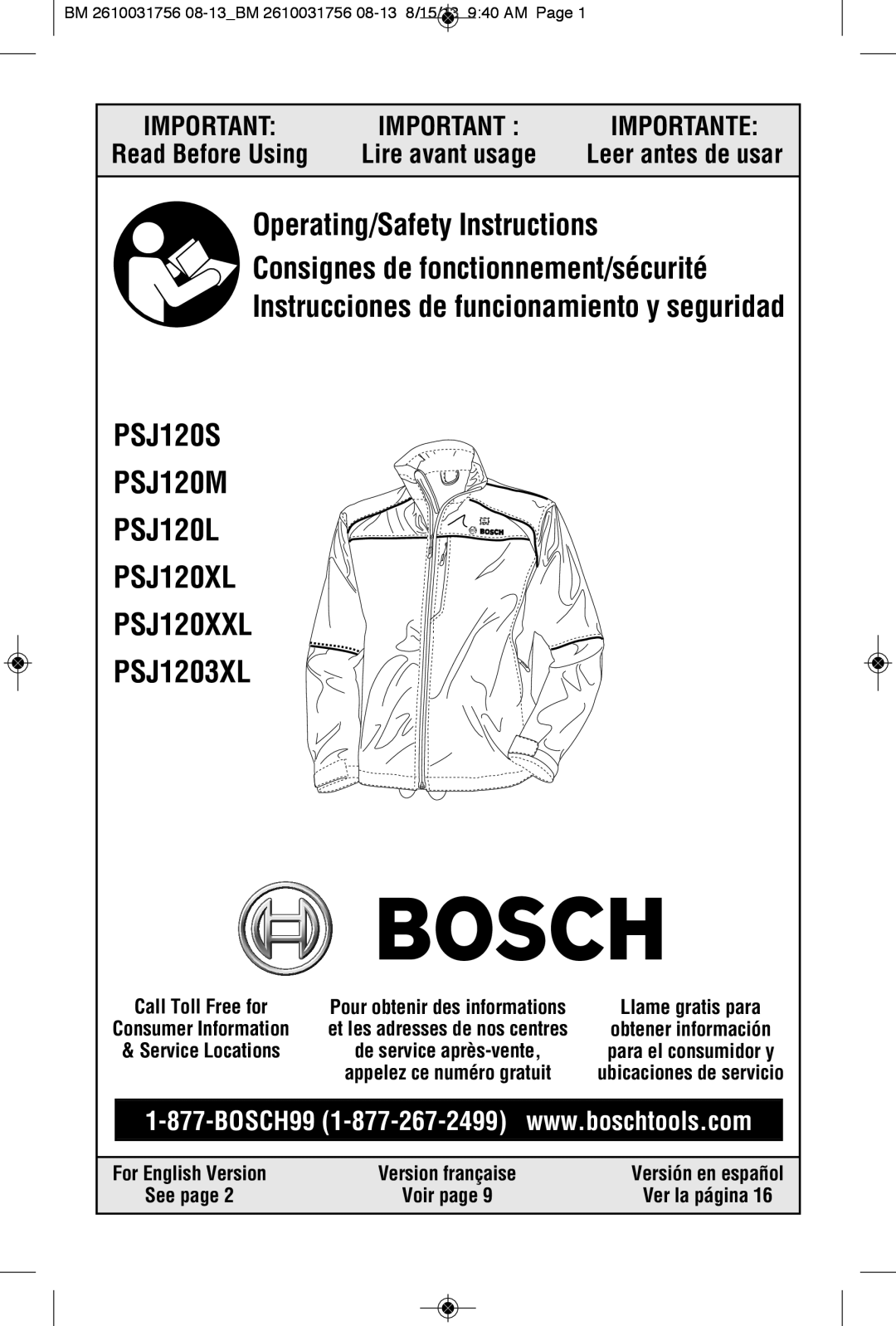 Bosch Appliances PSJ120S-102W, PSJ120XXL manual BM 2610031756 08-13BM 2610031756 08-13 8/15/13 940 AM, See, Ver la página 