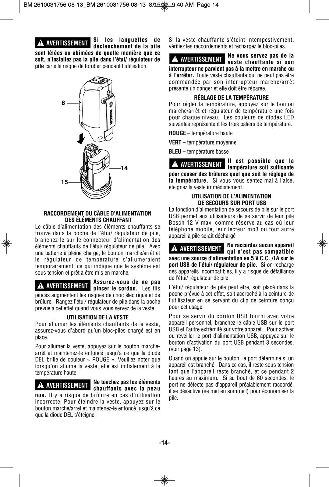 Bosch Appliances PSJ120XL-102W, PSJ120XXL manual DES Éléments Chauffant, Utilisation DE LA Veste, Réglage DE LA Température 