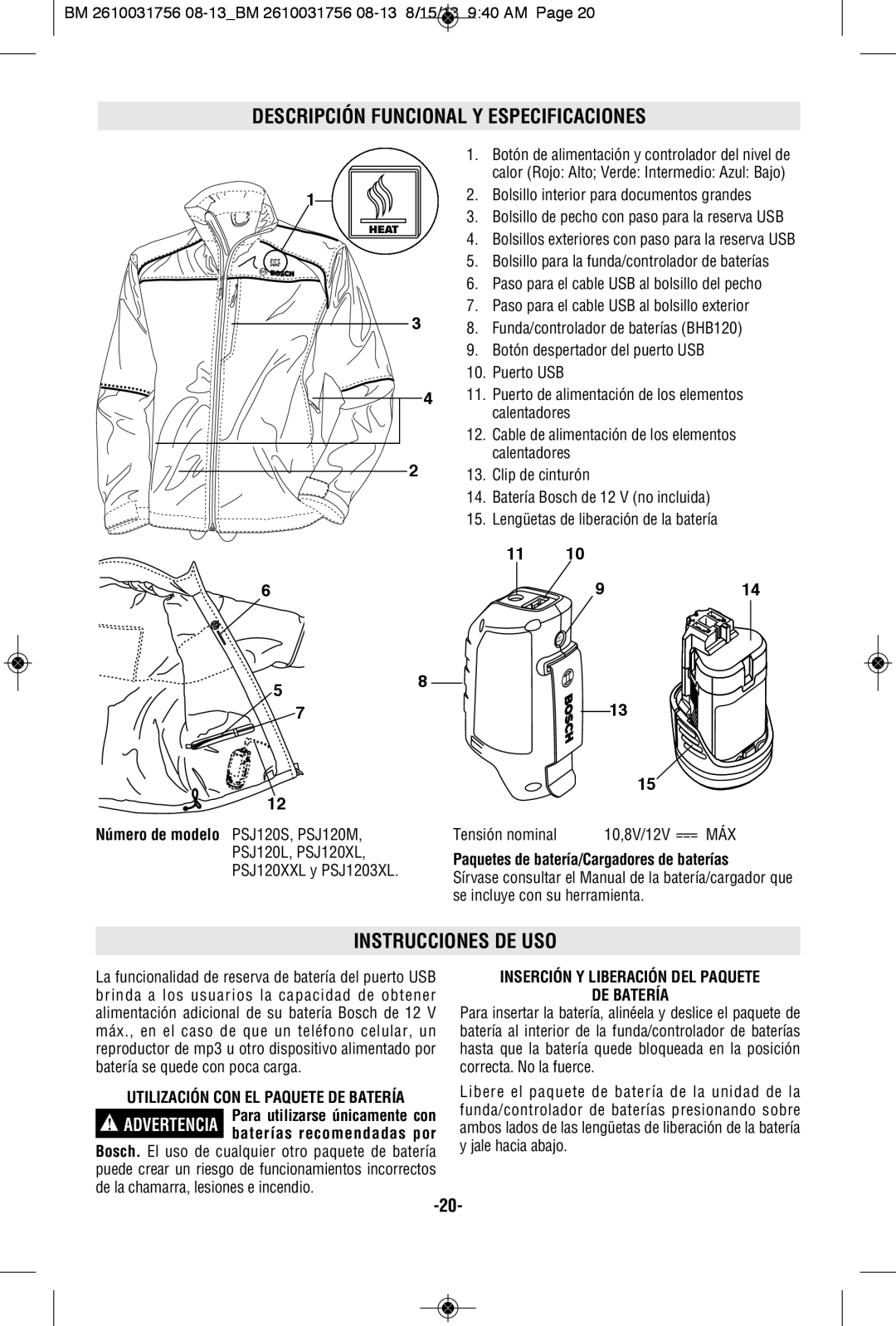 Bosch Appliances PSJ120M-102W, PSJ120XXL, PSJ120S-102W manual Descripción Funcional Y Especificaciones, Instrucciones DE USO 