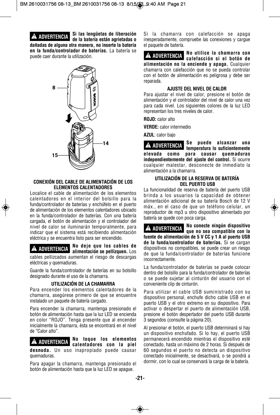 Bosch Appliances PSJ120M, PSJ120XXL, PSJ120L Elementos Calentadores, Utilización DE LA Chamarra, Ajuste DEL Nivel DE Calor 