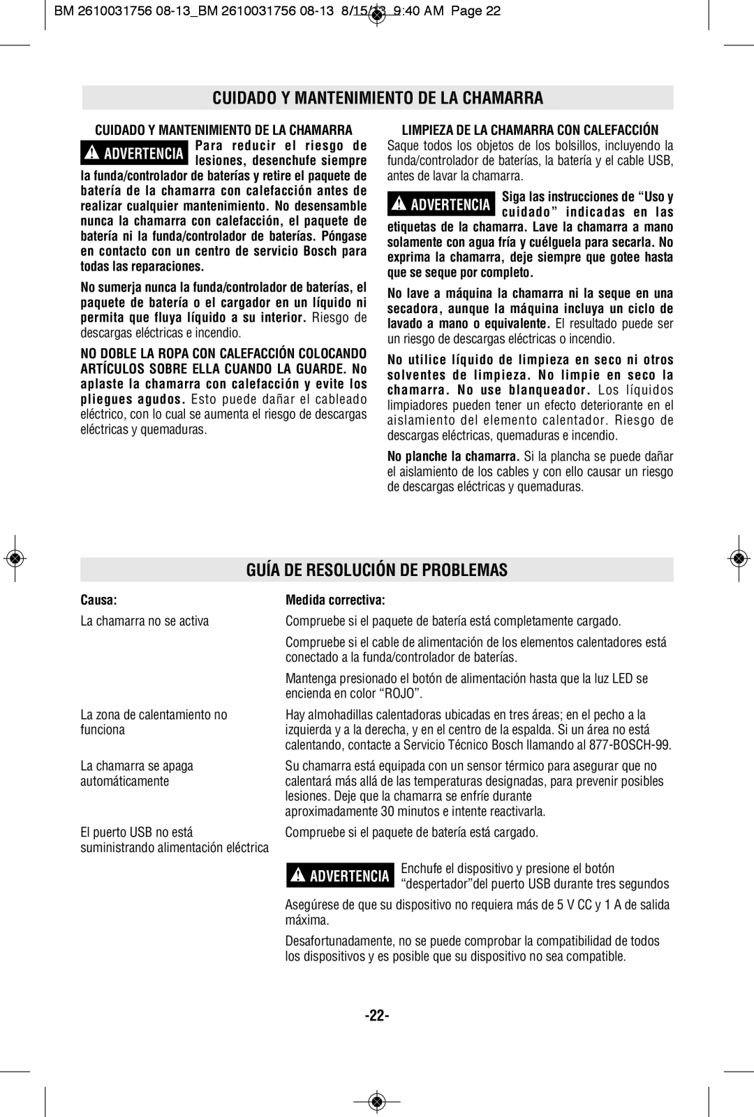 Bosch Appliances PSJ120M-102, PSJ120XXL, PSJ120L Cuidado Y Mantenimiento DE LA Chamarra, Guía DE Resolución DE Problemas 