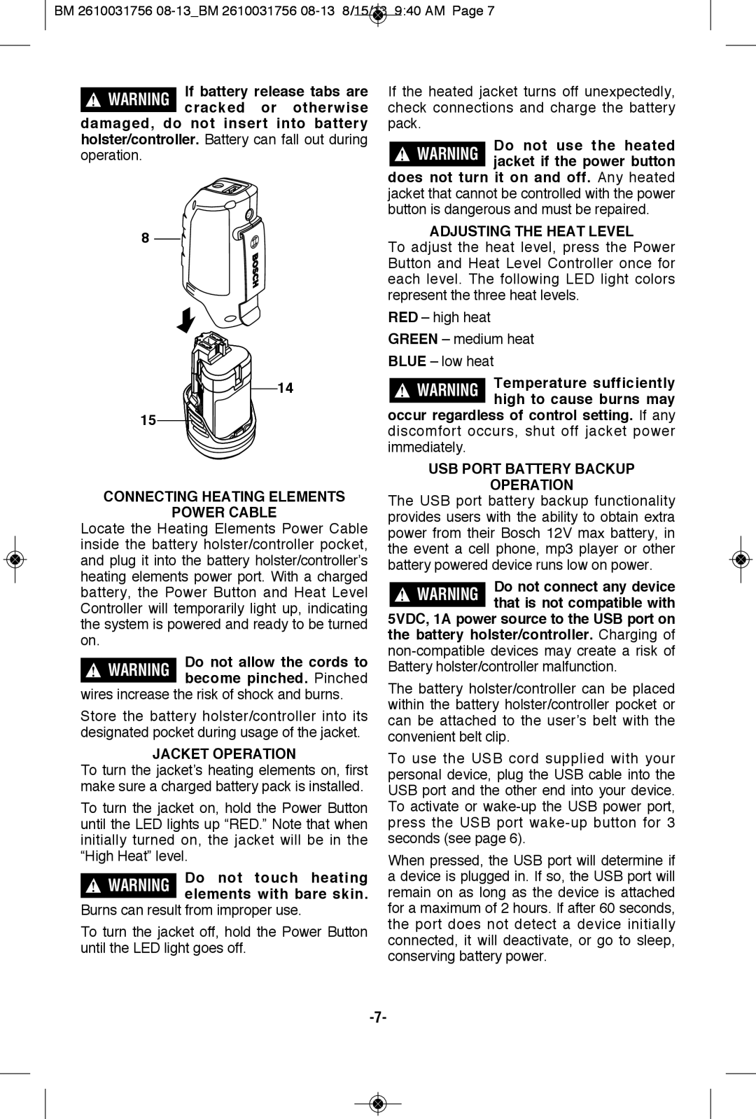 Bosch Appliances PSJ120L-102W Power Cable, Jacket Operation, Adjusting the Heat Level, USB Port Battery Backup Operation 