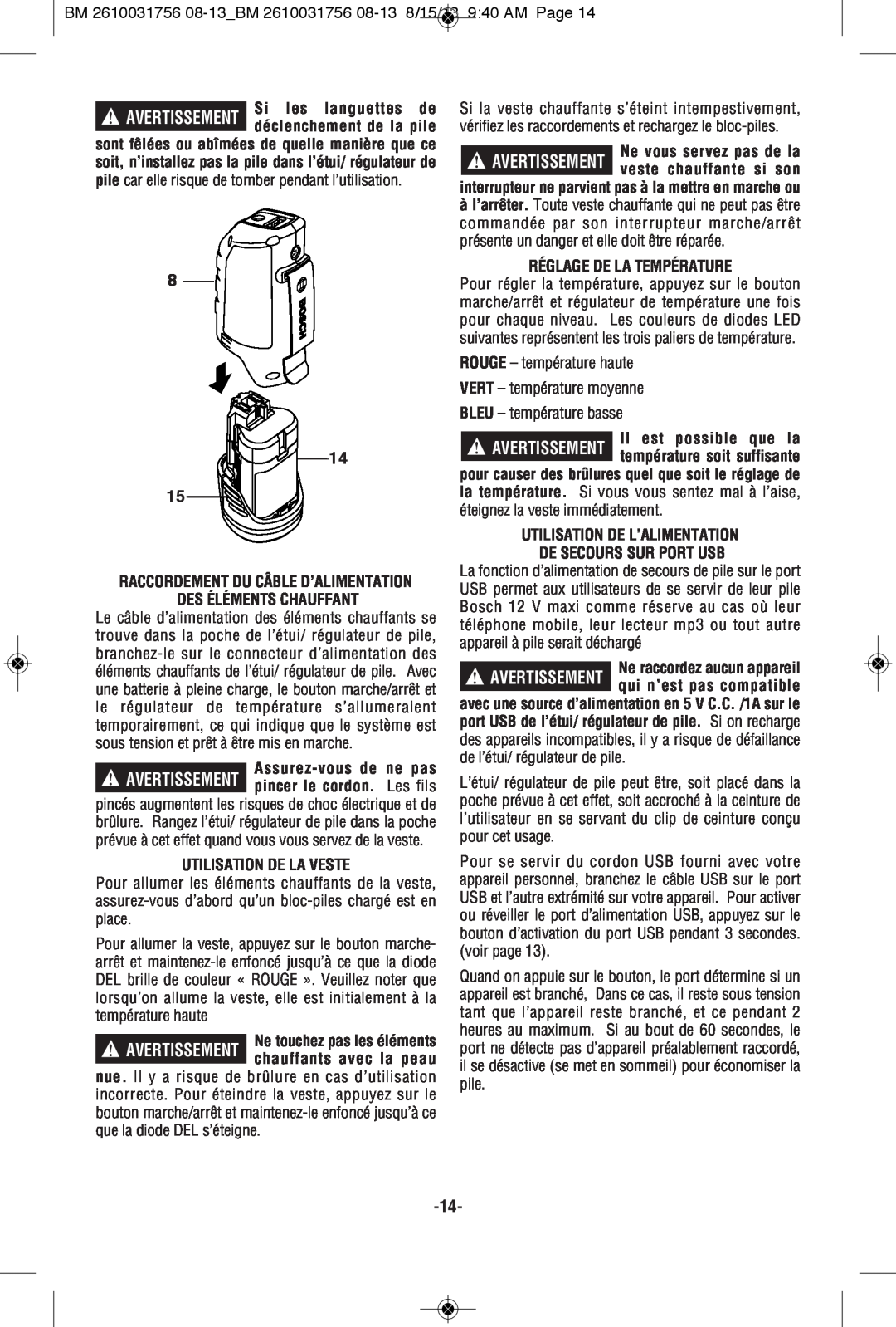 Bosch Appliances PSJ120XL-102W, PSJ120XXL, PSJ120M Si les languettes de, Des Éléments Chauffant, Utilisation De La Veste 