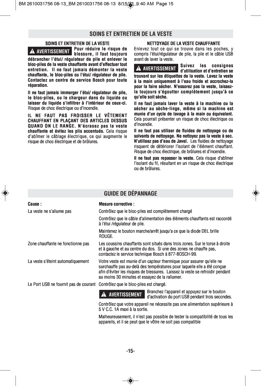 Bosch Appliances PSJ120S manual Soins Et Entretien De La Veste, Guide De Dépannage, Nettoyage De La Veste Chauffante, Cause 