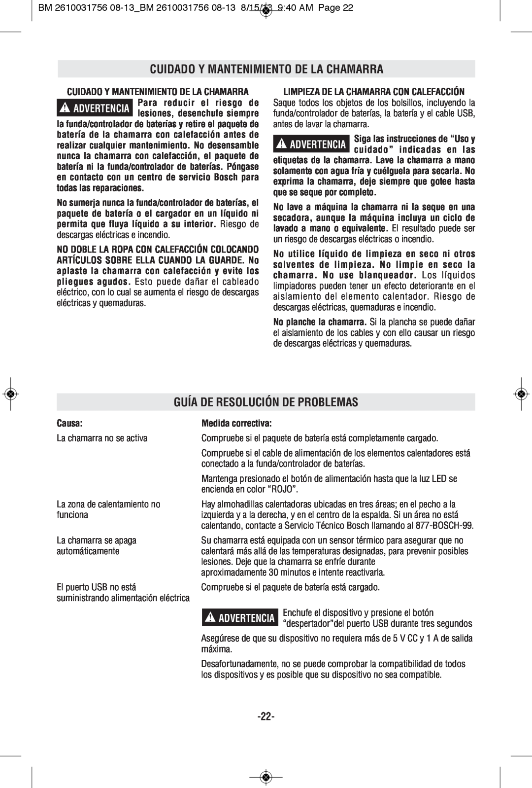 Bosch Appliances PSJ120M-102, PSJ120XXL Cuidado Y Mantenimiento De La Chamarra, Guía De Resolución De Problemas, Causa 