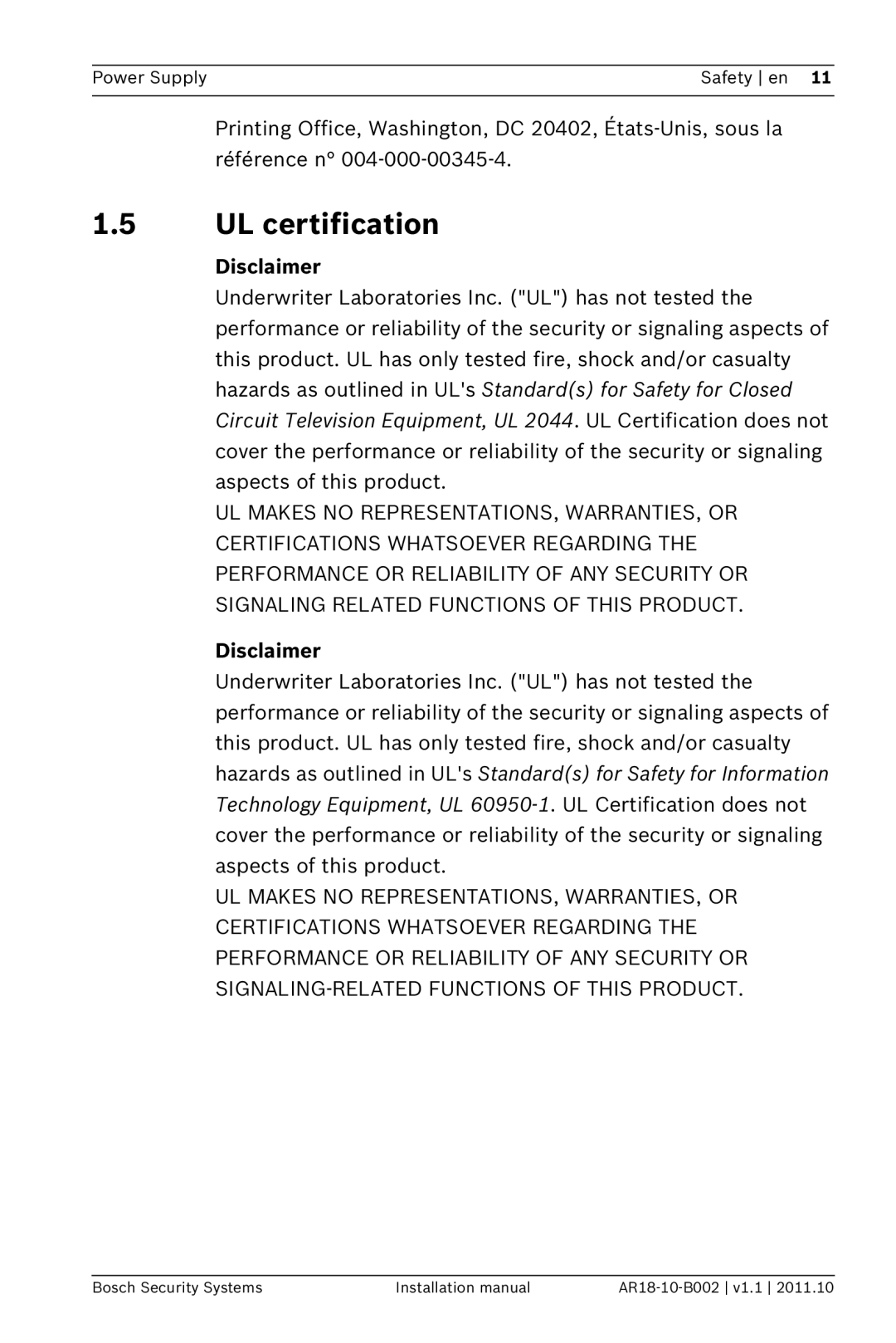 Bosch Appliances PSU-124-DC050 installation manual UL certification, Disclaimer 